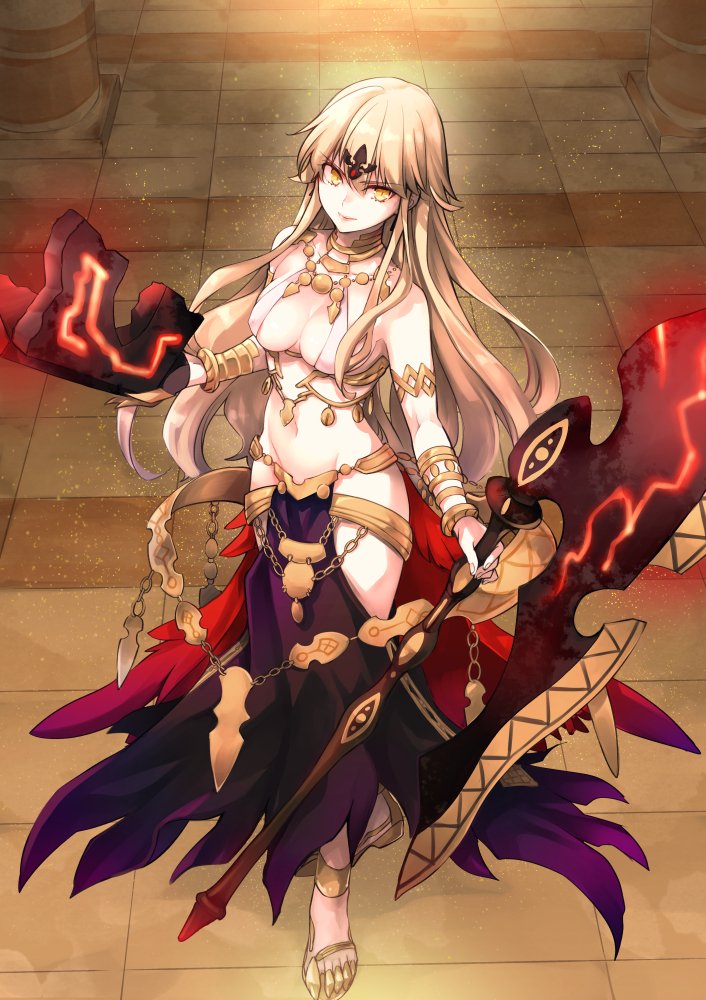 1girl armlet axe bikini blonde_hair bracelet breasts cleavage commentary_request dual_persona fate/grand_order fate/grand_order_arcade fate_(series) from_above genderswap genderswap_(mtf) gilgamesh_(fate) groin hip_vent jewelry long_hair medium_breasts nebuchadnezzar_ii_(fate) pelvic_curtain smile solo swimsuit toe_claws v-shaped_eyebrows white_bikini yakan_(kusogaki_teikoku) yellow_eyes
