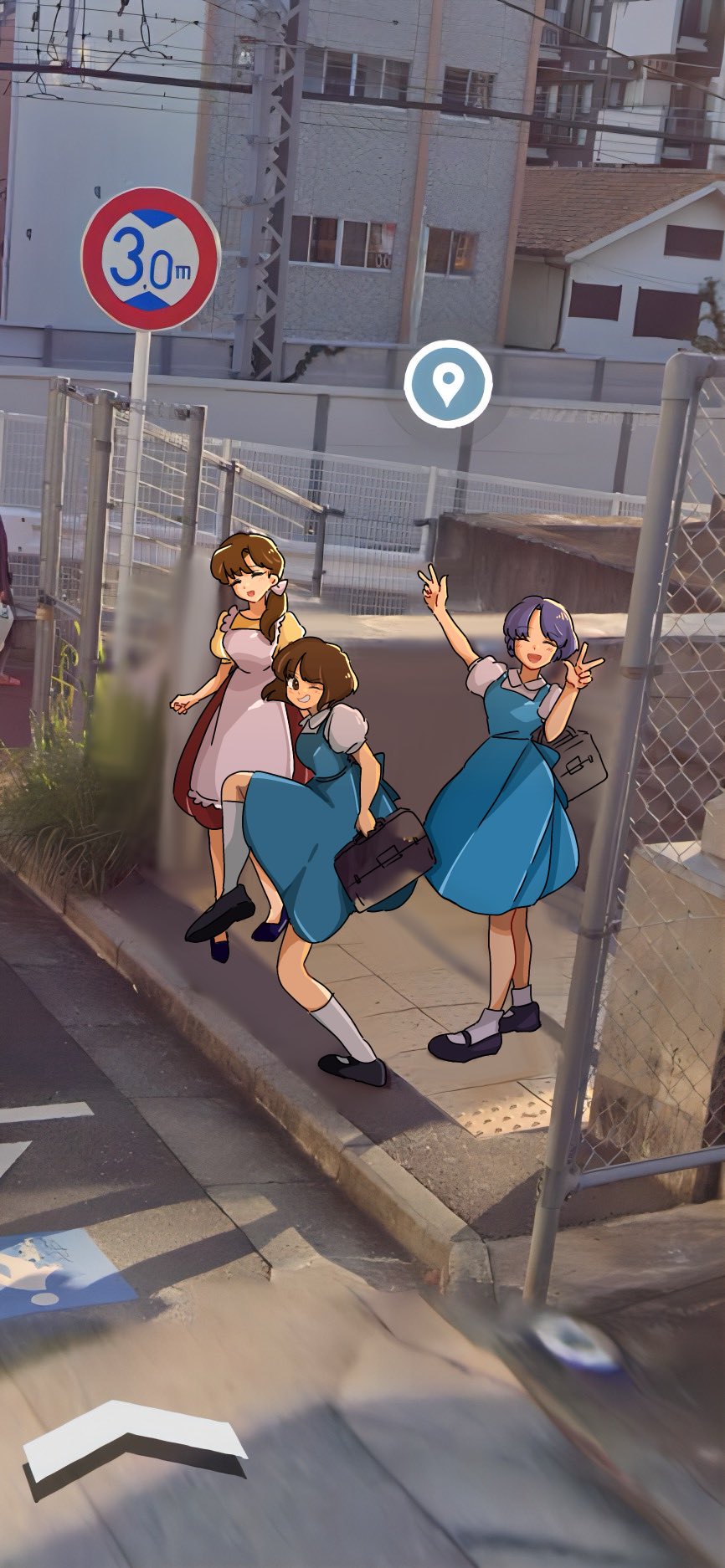 3girls :d ankle_socks apron arm_at_side arrow_(symbol) bag black_bag black_footwear blouse blue_dress blunt_ends blurry bob_cut breasts briefcase brown_eyes brown_hair building chain-link_fence clenched_hand closed_eyes collared_shirt commentary double_v dress elbow_carry english_commentary fence foot_up frilled_apron frills from_side fuurinkan_high_school_uniform garnel_(letsgotomato11) google_maps google_street_view grin hair_over_shoulder hands_up head_tilt high_school_girls_posing_for_google_street_view_(meme) highres holding holding_bag icon_(computing) kneehighs knees_up long_hair long_skirt looking_at_viewer looking_to_the_side mary_janes medium_breasts meme multiple_girls one_eye_closed open_mouth photo_background pinafore_dress ponytail power_lines puffy_short_sleeves puffy_sleeves purple_hair ranma_1/2 red_skirt road road_sign school_briefcase school_uniform shirt shoes short_hair short_sleeves siblings sidewalk sign sisters skirt sleeveless sleeveless_dress smile socks standing standing_on_one_leg street tactile_paving tendou_akane tendou_kasumi tendou_nabiki town v white_apron white_shirt white_socks yellow_shirt