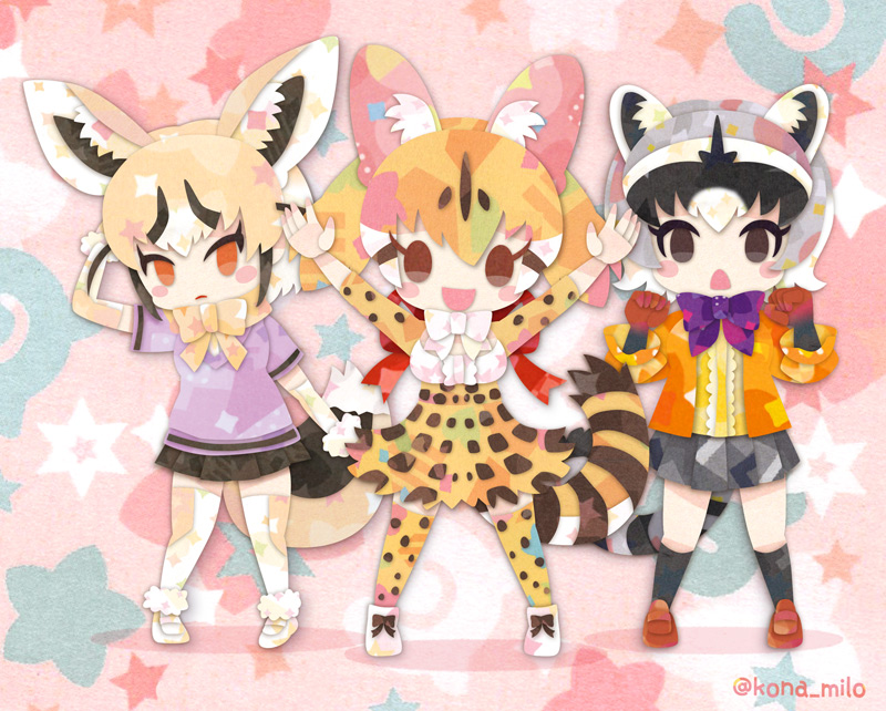 3girls animal_ears blonde_hair bow bowtie brown_hair cardigan cat_ears cat_girl cat_tail crab-eating_raccoon_(kemono_friends) extra_ears fox_ears fox_girl fox_tail gloves grey_hair kemono_friends kemono_friends_3 kikuchi_milo kneehighs large-spotted_genet_(kemono_friends) long_hair looking_at_viewer multiple_girls pink_background raccoon_ears raccoon_girl raccoon_tail ribbon rueppell&#039;s_fox_(kemono_friends) shirt shoes short_hair simple_background skirt socks tail