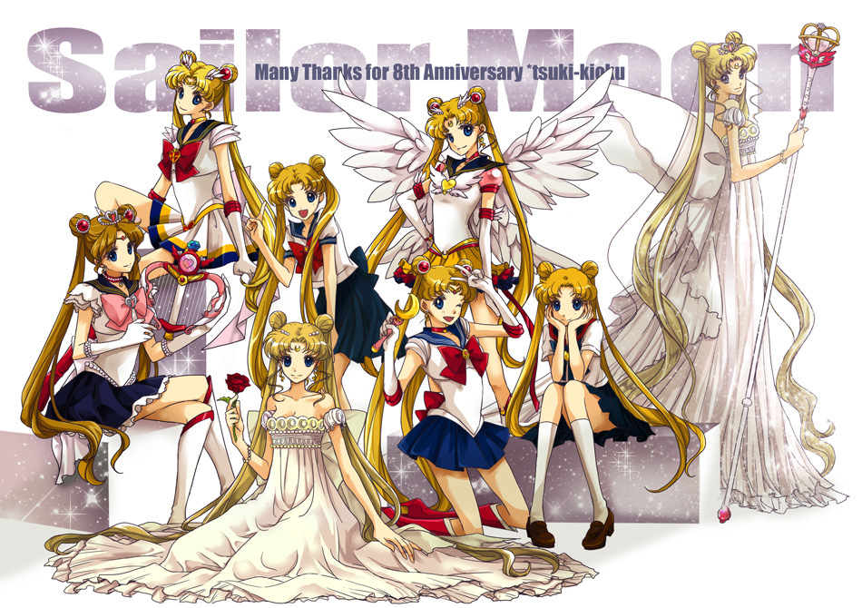 1990s_(style) 1girl anniversary annotation_request bishoujo_senshi_sailor_moon bishoujo_senshi_sailor_moon_(first_season) bishoujo_senshi_sailor_moon_s bishoujo_senshi_sailor_moon_sailor_stars bishoujo_senshi_sailor_moon_stars bishoujo_senshi_sailor_moon_supers blonde_hair blue_sailor_collar blue_skirt boots bow brooch copyright_name costume_chart crescent crescent_facial_mark double_bun dress eternal_sailor_moon facial_mark flower gem hair_bun hanarain harp heart heart_brooch instrument jewelry juuban_high_school_uniform knee_boots kneehighs kneeling long_hair moon_stick multiple_persona neo_queen_serenity pearl_(gemstone) pretty_guardian_sailor_moon princess_sailor_moon princess_serenity red_bow red_flower red_rose retro_artstyle rose sailor_collar sailor_moon sarashina_kau school_uniform serafuku sitting skirt socks staff strapless strapless_dress super_sailor_moon tiara tsukino_usagi twintails v white_background white_dress white_socks