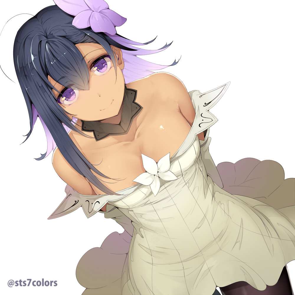 1girl ahoge arms_behind_back bare_shoulders black_hair black_pantyhose braid breasts cleavage closed_mouth collarbone commentary_request dark-skinned_female dark_skin detached_collar detached_sleeves dress dutch_angle female_focus flower grey_dress hair_flower hair_ornament long_hair looking_at_viewer medium_breasts multicolored_hair off-shoulder_dress off_shoulder original pantyhose purple_eyes purple_flower purple_hair simple_background single_hair_intake smile solo sts twin_braids twitter_username two-tone_hair white_background