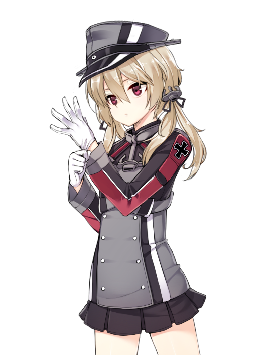 1boy adjusting_clothes adjusting_gloves anchor_hair_ornament androgynous bad_id bad_pixiv_id black_ribbon black_skirt blonde_hair christine_(kuro_(kuronell)) cosplay cowboy_shot cross crossdressing gloves hair_ornament hat iron_cross kantai_collection long_sleeves looking_away low_twintails male_focus microskirt military military_uniform original peaked_cap prinz_eugen_(kancolle) prinz_eugen_(kancolle)_(cosplay) red_eyes ribbon simple_background skirt solo tama_(tamatamo) trap twintails white_background white_gloves