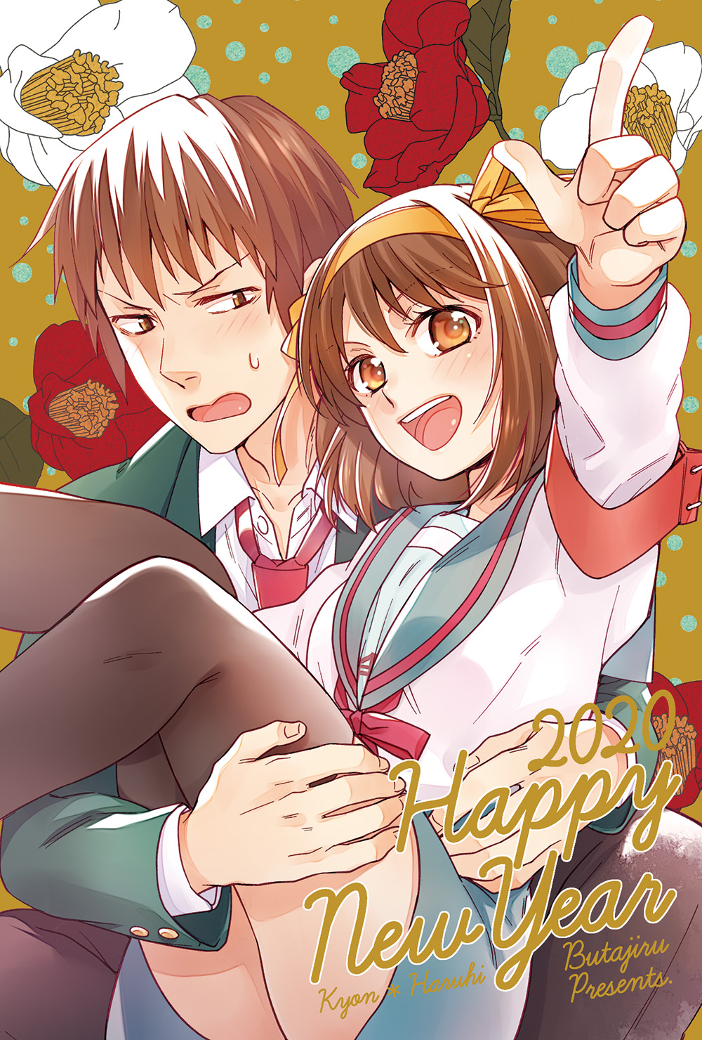 1boy 1girl 2020 :d artist_name black_thighhighs blue_sailor_collar blue_skirt blush brown_eyes brown_hair carrying character_name collared_shirt commentary_request couple dated english_text feet_out_of_frame floral_background flower frown fujimura_kyuu green_jacket hair_between_eyes hair_ribbon hairband happy happy_new_year hetero highres index_finger_raised indian_style jacket kita_high_school_uniform kyon long_sleeves looking_at_another looking_at_viewer medium_hair miniskirt necktie new_year nose open_mouth orange_hairband orange_ribbon outstretched_arm pointing pointing_up polka_dot polka_dot_background princess_carry red_flower red_necktie red_ribbon ribbon sailor_collar school_uniform serafuku shirt short_hair simple_background sitting skirt smile suzumiya_haruhi suzumiya_haruhi_no_yuuutsu sweatdrop teeth thighhighs tongue upper_teeth_only v-shaped_eyebrows white_flower white_shirt zettai_ryouiki