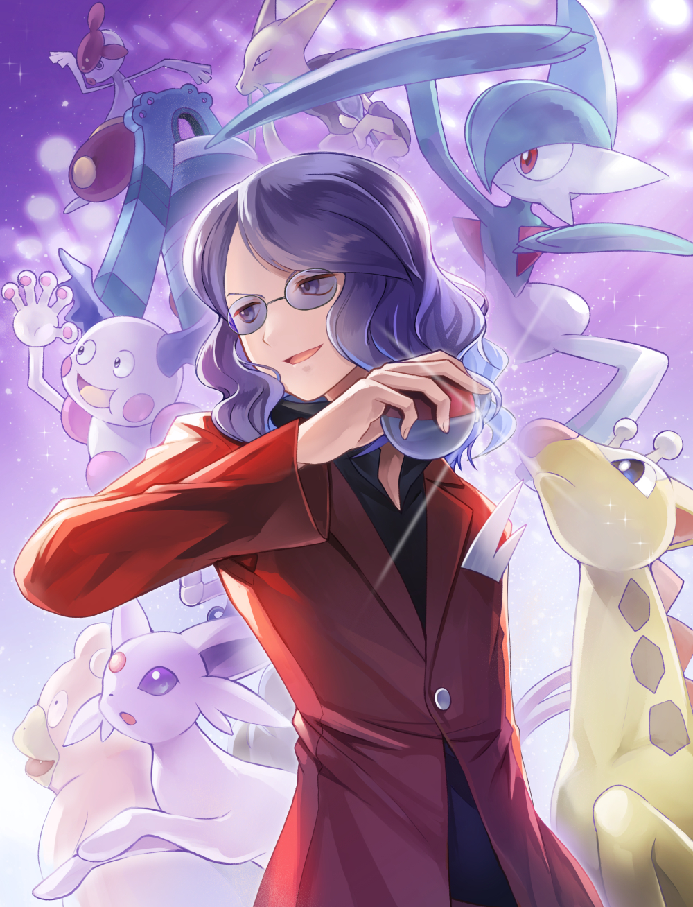 1boy :d akr_(tvfz2233) alakazam black_shirt bronzong buttons commentary_request espeon gallade gen_1_pokemon gen_2_pokemon gen_3_pokemon gen_4_pokemon girafarig hand_up highres holding holding_poke_ball jacket long_hair long_sleeves looking_to_the_side lucian_(pokemon) male_focus medicham mr._mime nintendo open_mouth poke_ball poke_ball_(basic) pokemon pokemon_(creature) pokemon_dppt red_jacket shirt slowbro smile sunglasses wavy_hair
