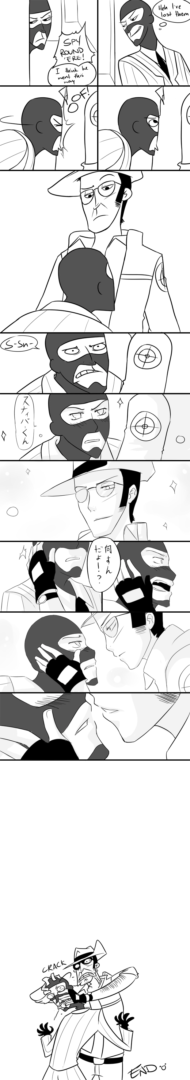 2boys :d absurdres angry anti-yaoi comic death english_text frzdragon greyscale highres imminent_kiss long_image male_focus monochrome multiple_boys neck_snap open_mouth parody smile sniper_(tf2) spy_(tf2) tall_image team_fortress_2 translated violence yaoi
