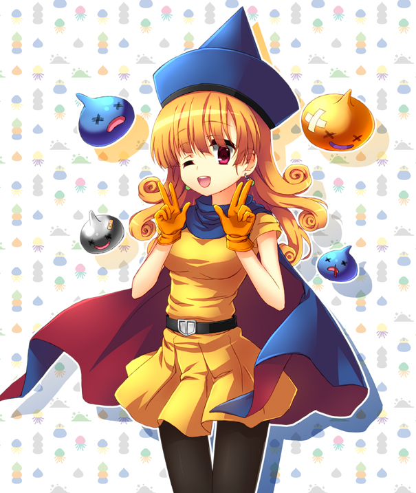 1girl :d :o alena_(dq4) bad_id bad_pixiv_id bandaid belt black_pantyhose blood bubble_slime cape chunsoft cureslime curly_hair double_v dragon_quest dragon_quest_iv dress earrings enix gloves hair_between_eyes hat healslime jewelry king_slime_(dragon_quest) liquid_metal_slime_(dq) long_hair looking_at_viewer medislime metal_brothers metal_slime narinn nosebleed one_eye_closed open_mouth orange_hair pantyhose pink_eyes red_eyes red_slime_(dragon_quest) shadow she-slime short_sleeves skirt slime_(dragon_quest) slime_tower smile standing thigh_gap v wink x_x yellow_skirt