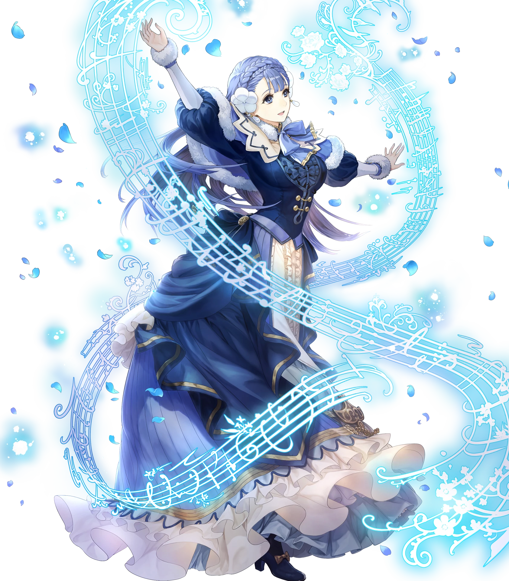 1girl blue_dress blue_eyes blue_hair bow bowtie braid breasts cape capelet dress earrings female_focus fire_emblem fire_emblem_echoes:_shadows_of_valentia fire_emblem_heroes full_body fur_trim hair_ornament highres jewelry long_hair long_sleeves matching_hair/eyes medium_breasts musical_note nintendo non-web_source official_art rinea_(fire_emblem) rinea_(soiree)_(fire_emblem) solo transparent_background