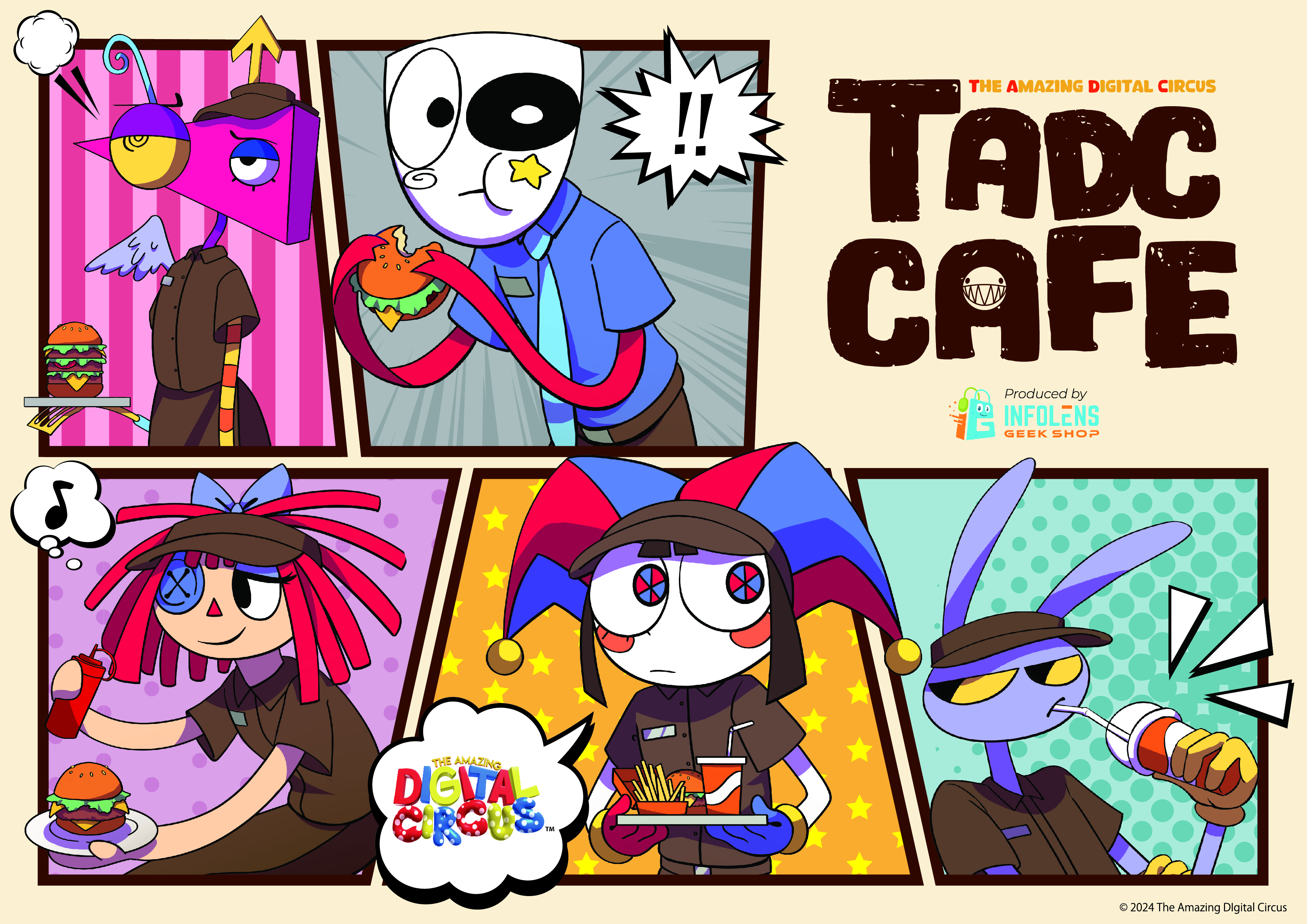 ! !! 1other 2024 2boys 3girls absurdres anime_coloring aqua_necktie asymmetrical_eyes asymmetrical_gloves az_(ang_z8s) bad_thumbnail belt belt_buckle black_eyes black_sclera blue_eyes blue_hair blue_shirt blue_sleeves blush_stickers bottle brown_belt brown_collar brown_footwear brown_hair brown_hat brown_pants brown_skirt brown_sleeves bubble_(the_amazing_digital_circus) buckle burger button_eyes buttons center-flap_bangs cheese closed_mouth collar collared_shirt color_issue colored_sclera colored_skin copyright_name cowboy_shot cup dated disposable_cup dress_shirt drinking_straw eating eighth_note emphasis_lines employee_uniform english_text eyelashes fast_food fast_food_uniform food french_fries frown gangle_(the_amazing_digital_circus) gloves hat hat_bell highres holding holding_bottle holding_plate holding_tray jax_(the_amazing_digital_circus) jester jester_cap jester_costume ketchup_bottle large_ears lettuce logo looking_at_viewer looking_to_the_side lowered_eyelids manager mask mismatched_gloves multiple_boys multiple_girls musical_note name_tag necktie official_art paneled_background pants plate pomni_(the_amazing_digital_circus) pop_art promotional_art purple_fur purple_wings rabbit rabbit_boy ragatha_(the_amazing_digital_circus) red_eyes red_hair second-party_source sharp_teeth shirt simple_background single_wing skirt speech_bubble star_on_cheek striped_clothes striped_headwear striped_skin teeth the_amazing_digital_circus theatre_mask thought_bubble toon_(style) tray triangle_nose two-tone_hat visor_cap white_eyes white_mask white_skin wing_collar wings yellow_background yellow_sclera zooble_(the_amazing_digital_circus)