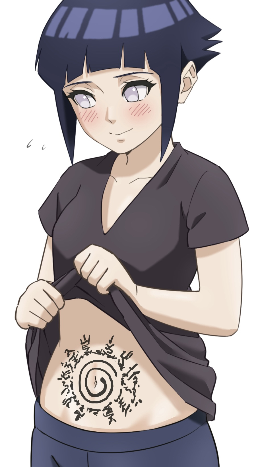 1girl black_hair blush breasts closed_mouth clothes_lift highres hyuuga_hinata legs lifting_own_clothes looking_to_the_side medium_breasts naruto naruto_(series) navel pants ponnu_(skeb_boshuuchu) purple_eyes shirt shirt_lift short_hair short_sleeves smile solo spiral stomach_tattoo tattoo thighs upper_body white_background