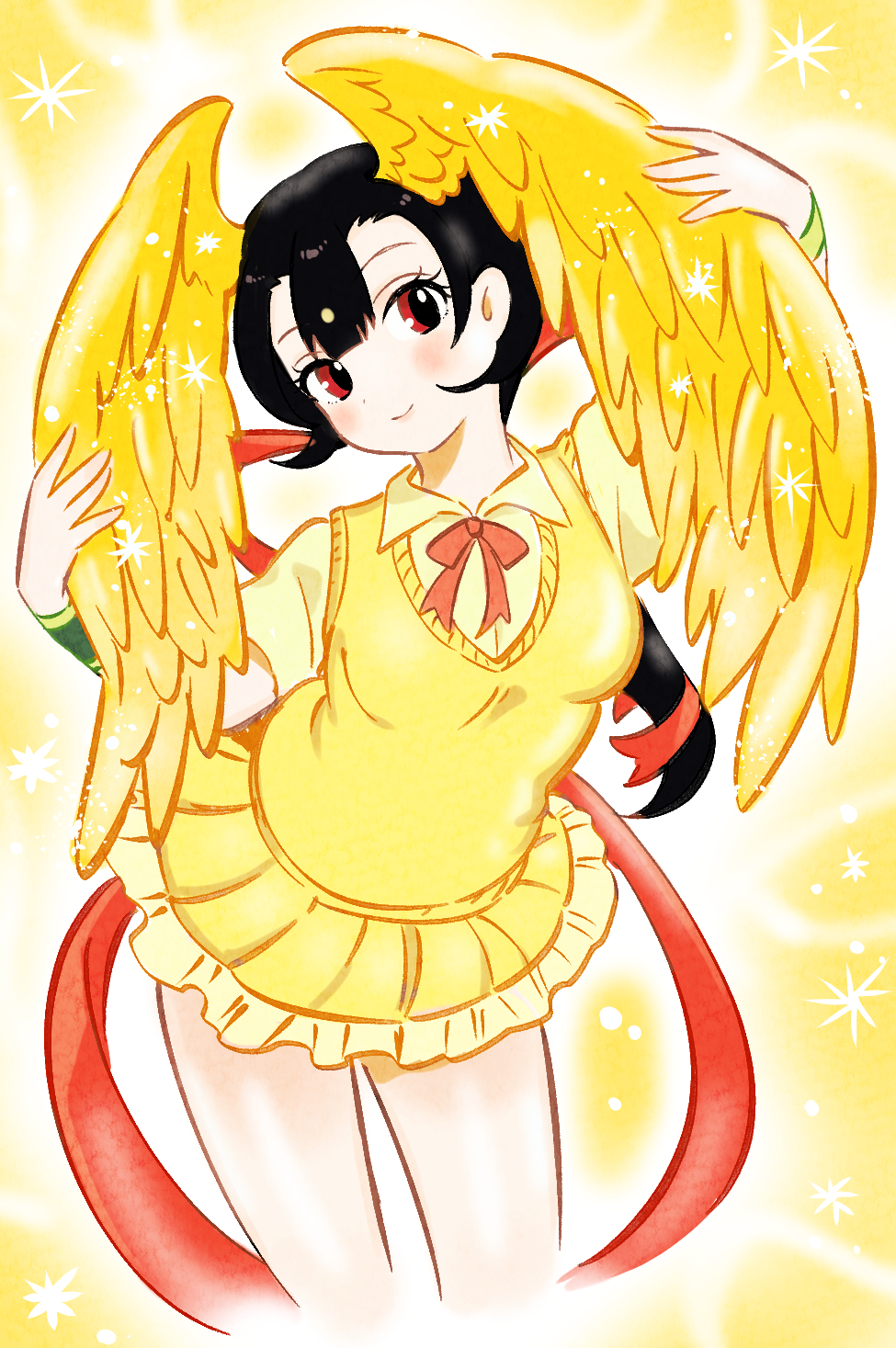 1girl black_hair blush bracelet breasts eyelashes feathers head_wings hi_no_tori_(kemono_friends) highres jewelry kemono_friends large_breasts light_smile miniskirt pleated_skirt skirt smile solo standing suicchonsuisui sweater_vest vest wings yellow_feathers yellow_skirt