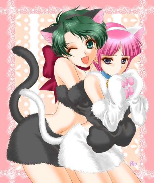 2girls animal_ears aya_kobayashi banpresto brown_hair cat_ears cosplay costume happy kuro_(srw) lipstick mai_kobayashi makeup multiple_girls one_eye_closed pink_hair shiro_(srw) short_hair shy siblings sisters super_robot_wars super_robot_wars_original_generation super_robot_wars_the_lord_of_elemental wink