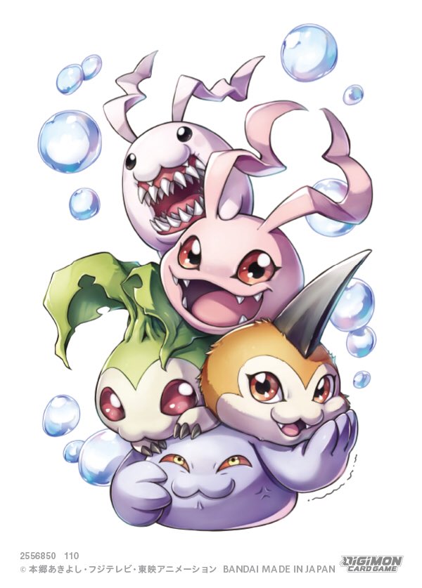 :3 :d anger_vein black_eyes bubble closed_mouth colored_sclera commentary_request company_name copyright_name digimon digimon_(creature) digimon_card_game english_text fangs happy horns koromon logo looking_at_viewer no_humans official_art on_head open_mouth pagumon red_eyes red_sclera sharp_teeth single_horn smile takase_(takase1214) tanemon teeth tokomon tunomon white_background yellow_eyes
