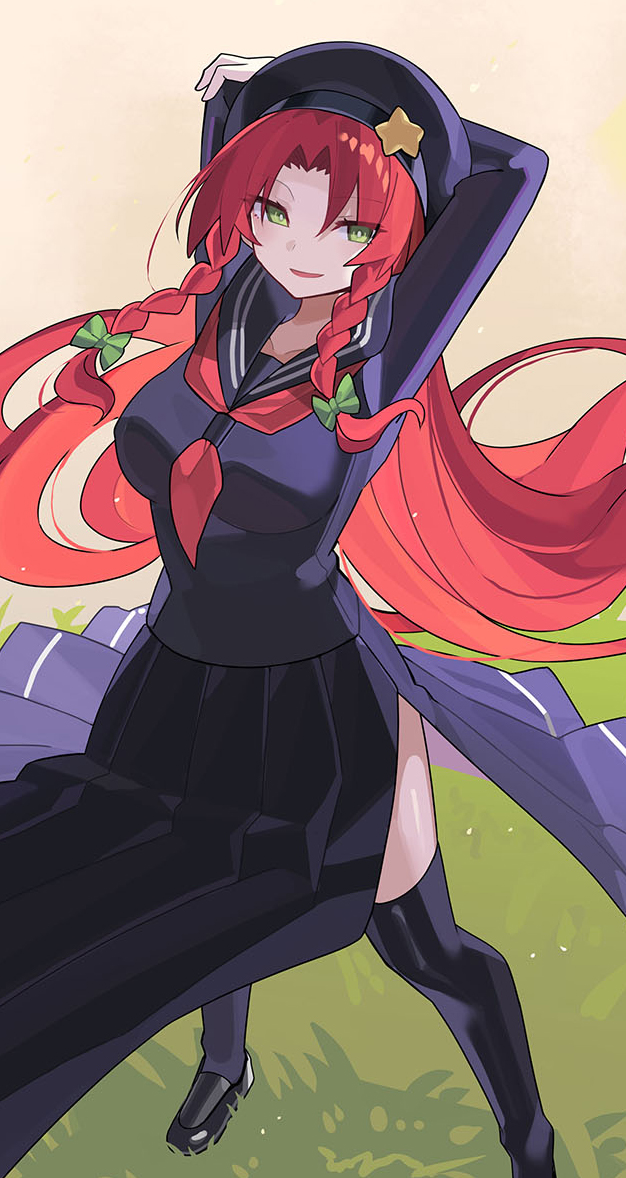 1girl alternate_costume arms_behind_head black_hat black_sailor_collar black_serafuku black_shoes black_skirt black_thighhighs bow braid breasts commentary falken_(yutozin) full_body grass green_bow green_eyes hair_bow hat hong_meiling large_breasts long_hair long_skirt long_sleeves neckerchief open_mouth pleated_skirt red_hair red_neckerchief sailor_collar school_uniform serafuku shoes skirt smile solo standing thighhighs touhou twin_braids