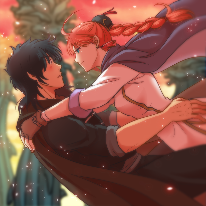 1boy 1girl black_hair blue_eyes blurry blush braid brown_gloves cloak couple depth_of_field earrings eriyama fingerless_gloves gintama gloves hood hooded_cloak imminent_hug jewelry kouka_(gintama) leaning_forward long_hair long_sleeves parted_lips profile red_hair smile tassel tassel_earrings umibouzu_(gintama) aged_down