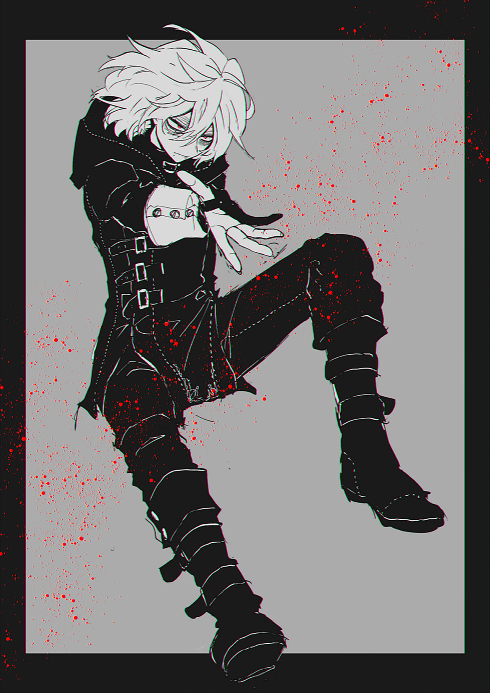 1boy anoko_(darenokoanoko) boku_no_hero_academia greyscale highres hood hooded_jacket jacket male_focus medium_hair monochrome outstretched_arm pants prosthetic_fingers red_eyes scar scar_on_face shigaraki_tomura solo spot_color white_hair wrinkled_skin