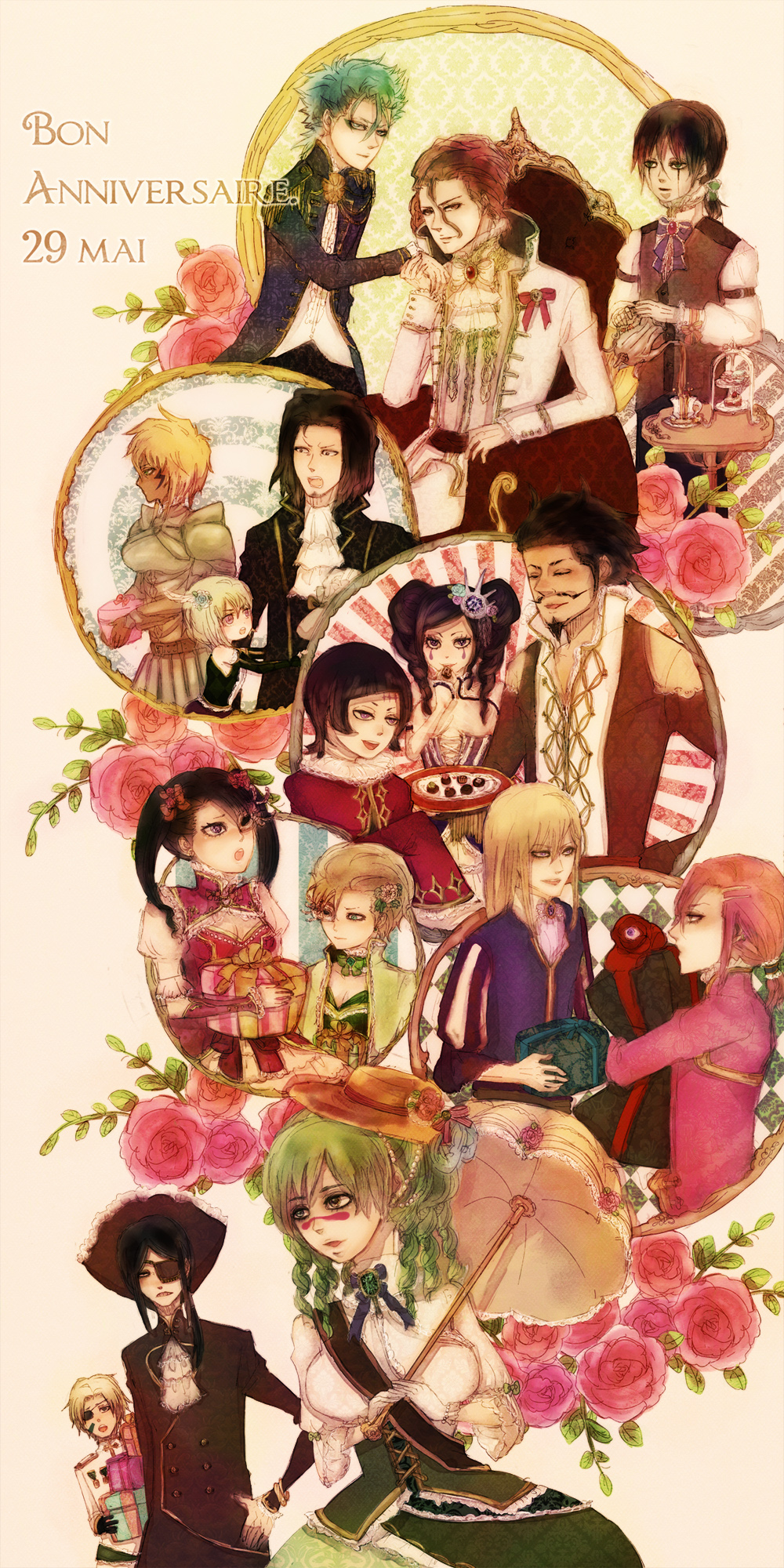 6+boys 6+girls :o aizen_sousuke alternate_costume arrancar bad_id bad_pixiv_id black_hair bleach blonde_hair blue_eyes box breasts chair cirucci_sanderwicci cleavage cleavage_cutout closed_eyes clothing_cutout corset coyote_starrk cup dark_skin dordoni_alessandro_del_socaccio dress drill_hair eating elbow_gloves eyepatch facial_hair facial_mark findorr_calius flower food formal_clothes gift gloves goatee green_eyes green_hair grimmjow_jaegerjaquez hair_flower hair_ornament hair_up hand_on_own_hip hat highres hip_focus lilynette_gingerbuck loly_aivirrne long_image long_sleeves luppi_antenor mask medium_breasts menoly_mallia multiple_boys multiple_girls mustache nelliel_tu_odelschwanck nnoitra_gilga nyro pale_skin pink_hair pitcher_(container) plate pouring purple_eyes purple_hair rose sash short_hair short_twintails sitting sleeves_past_wrists small_breasts smile suit szayelaporro_granz table tall_image tea tesra_lindocruz tier_harribel tiered_tray twin_drills twintails ulquiorra_cifer umbrella vest yellow_eyes yylfordt_granz