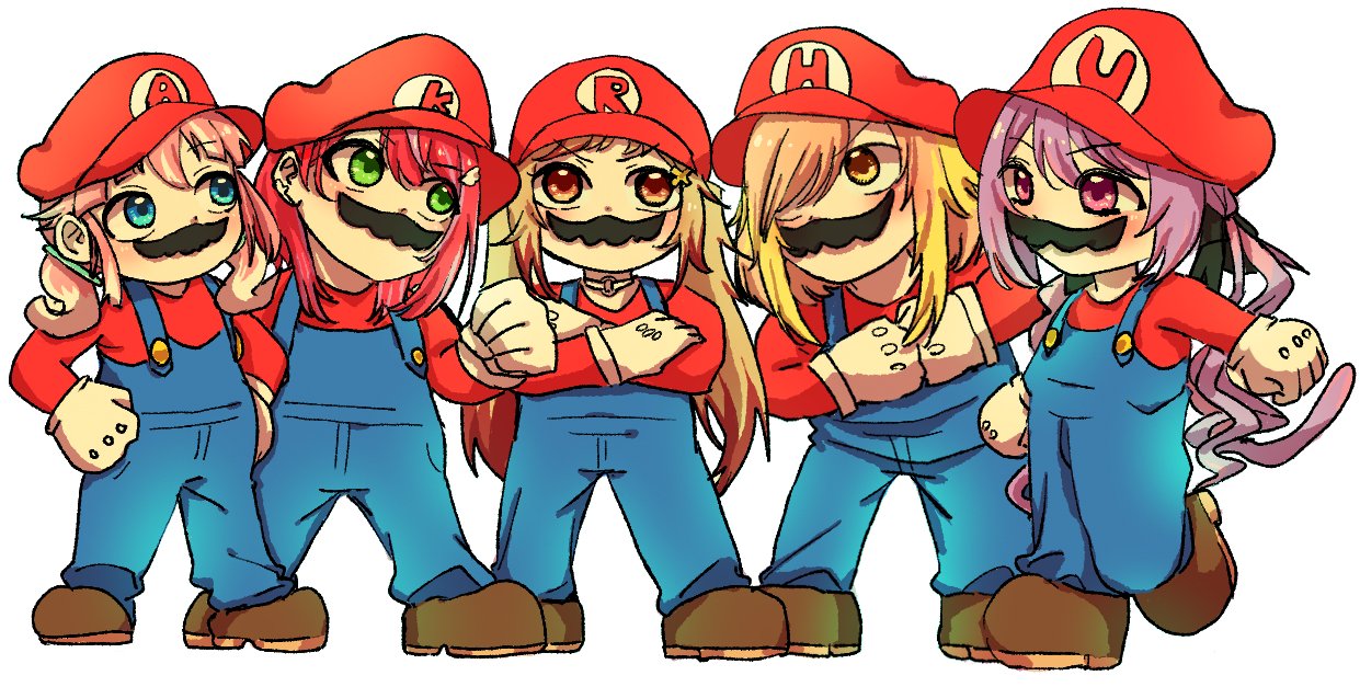 5girls akane_canna amaotome blonde_hair blue_eyes blue_overalls blush brown_footwear clenched_hand commentary_request cosplay crossed_arms fake_facial_hair fake_mustache full_body gloves hair_between_eyes hair_over_one_eye hat hira_hikari ina_uruu kisaki_anko long_bangs long_hair looking_at_another mario mario_(cosplay) mario_(series) multicolored_hair multiple_girls nanashi_inc. nintendo overalls pink_hair purple_hair red_hair red_headwear red_shirt seshima_rui shirt shoes short_hair simple_background standing streaked_hair twintails virtual_youtuber white_background white_gloves