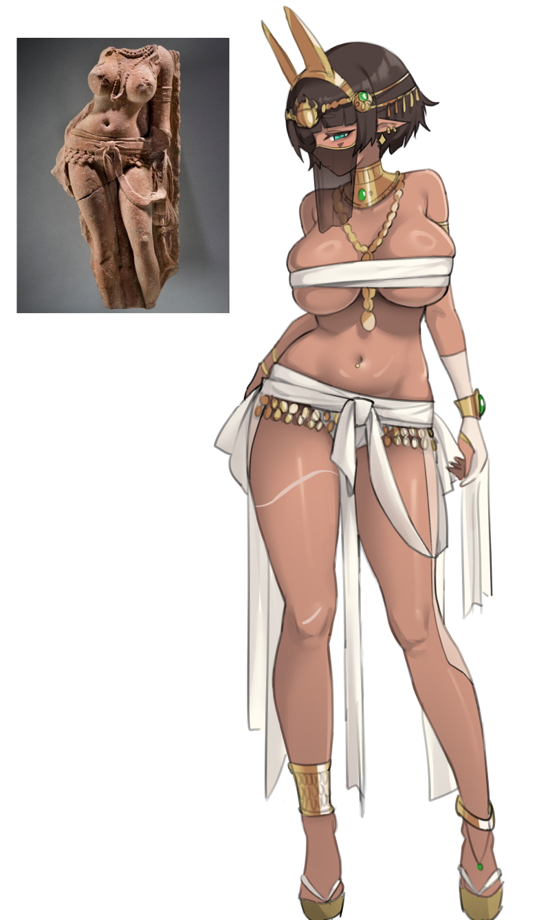 1girl ancient_egyptian_clothes animal_ears aqua_eyes black_hair bracelet breasts contrapposto dark-skinned_female dark_skin fake_animal_ears full_body gold_hairband gold_necklace hairband highres jewelry large_breasts leglet looking_at_viewer meme meme_attire nago_purin navel navel_piercing necklace original photo-referenced photo_inset piercing revealing_clothes sandals sash scarab shiny_skin short_hair simple_background solo standing usekh_collar white_background yakshi_statue_(meme)