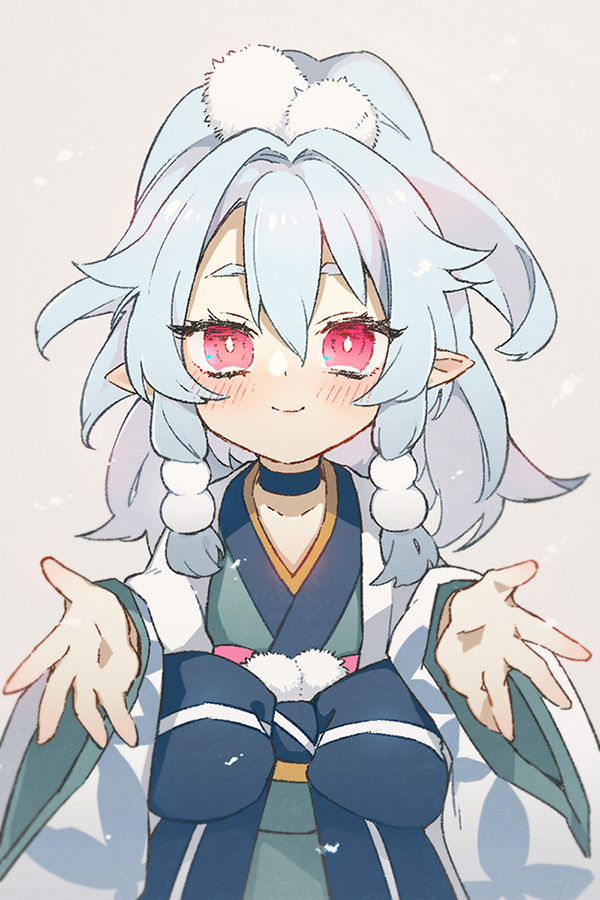 1girl ao_(disgaea) blue_hair bright_pupils choker demon_girl disgaea hair_ornament japanese_clothes light_blue_hair long_hair looking_at_viewer makai_senki_disgaea_7 pink_eyes pointy_ears sat0_u0 smile solo wide_sleeves