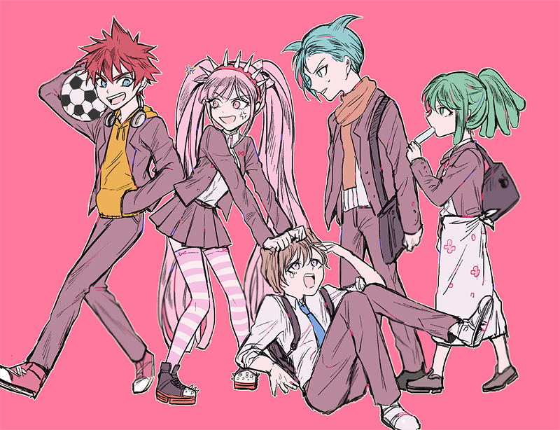 2girls 3boys alternate_costume arm_behind_head arm_up bag ball black_footwear black_handbag blue_eyes blue_hair brown_coat brown_eyes brown_hair brown_jacket brown_pants bullying child coat daimon_masaru_(danganronpa) danganronpa_(series) danganronpa_another_episode:_ultra_despair_girls ears eating eyebrows floral_print food full_body grabbing_another&#039;s_hair green_hair hair_horns hair_pulled_back hairband hand_in_jacket hand_in_pocket hand_up handbag hands_on_another&#039;s_head headband headphones headphones_around_neck height_difference hood hoodie ice_lolly jacket kemuri_jataro long_hair long_sleeve_shirt long_sleeved_jacket long_sleeves looking_at_another looking_down looking_to_the_side looking_up medium_hair multicolored_footwear multiple_boys multiple_girls open_mouth orange_scarf pants pink_background pink_eyes pink_hair pink_thighhighs pleated_skirt ponytail popsicle red_footwear red_hair red_hairband red_headband red_headwear scarf school_uniform shingetsu_nagisa shirt short_hair simple_background skirt soccer_ball spiked_boots spiked_hairband spikes standing striped_clothes striped_thighhighs teeth thighhighs towa_monaca ttt_dtt upper_teeth_only utsugi_kotoko white_footwear white_shirt white_skirt white_thighhighs yellow_hoodie