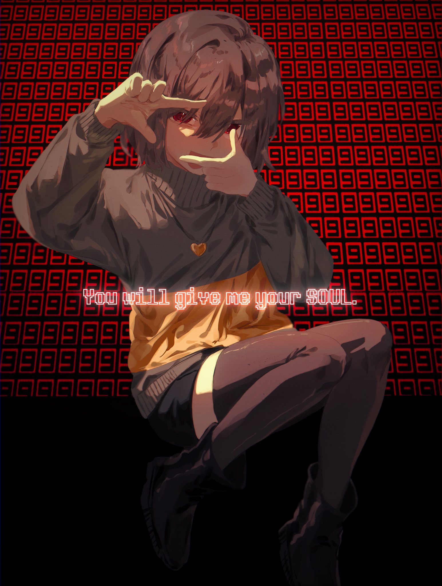 1other :d ankle_boots black_background black_boots black_shorts black_thighhighs bob_cut boots bright_pupils brown_hair chara_(undertale) choco_rabbitt double-parted_bangs english_text full_body hair_between_eyes hands_up hashtag-only_commentary heart heart_necklace highres invisible_chair jewelry knees_together_feet_apart long_sleeves looking_at_viewer necklace open_mouth other_focus pose_request puffy_long_sleeves puffy_sleeves red_eyes short_hair short_shorts shorts sitting skirt slit_pupils smile solo striped_clothes striped_sweater sweater thighhighs turtleneck turtleneck_sweater two-tone_sweater undertale white_pupils yellow_sweater