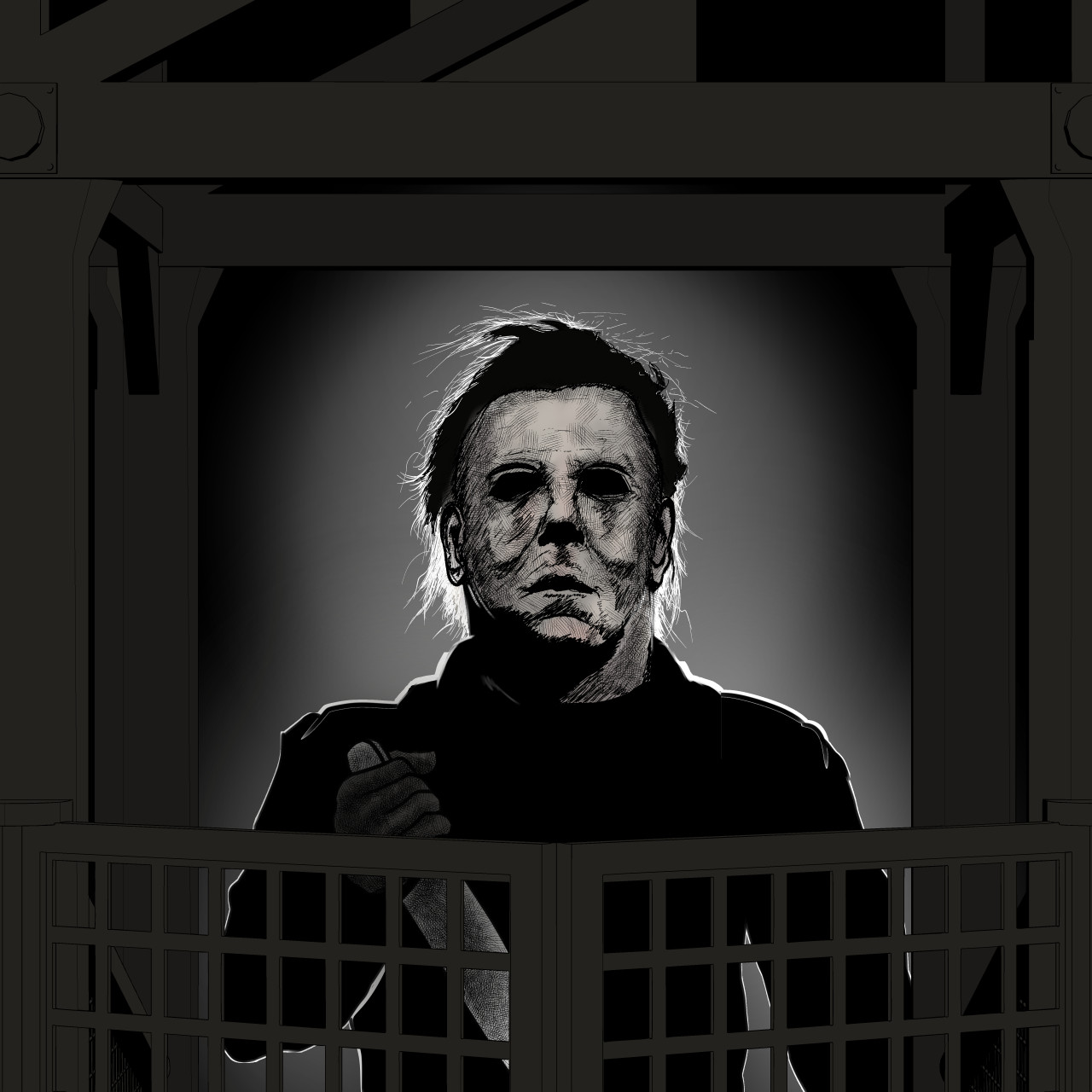 1boy bad_id bad_pixiv_id black_theme ctn_sasuke dark gate halloween_(movie) highres holding holding_knife hollow_eyes knife long_sleeves michael_myers pun short_hair solo umamusume