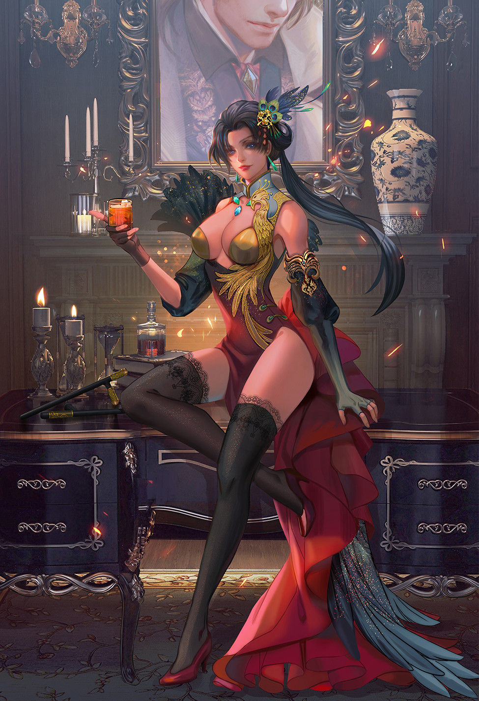 1girl arm_at_side asymmetrical_gloves bare_shoulders bird black_hair black_thighhighs blue_eyes breasts candle carpet cleavage closed_mouth collarbone commentary cup dress earrings english_commentary fan_yang_(jiuge) fantasy fingerless_gloves forehead frilled_dress frills gem glass gloves hair_ornament high_heels highres holding indoors jewelry lace lace-trimmed_legwear lace_trim large_breasts long_dress long_hair original parted_lips peacock_feathers phoenix ponytail portrait_(object) red_dress red_footwear red_lips sitting solo_focus sparkle standing standing_on_one_leg table thighhighs thighs tonfa v-shaped_eyebrows vase weapon