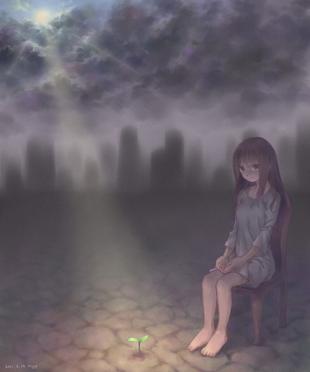 1girl aircraft airplane barefoot cloud dark empty_eyes expressionless female_focus highres light_rays miya8111 sitting sky solo sun sunbeam sunlight