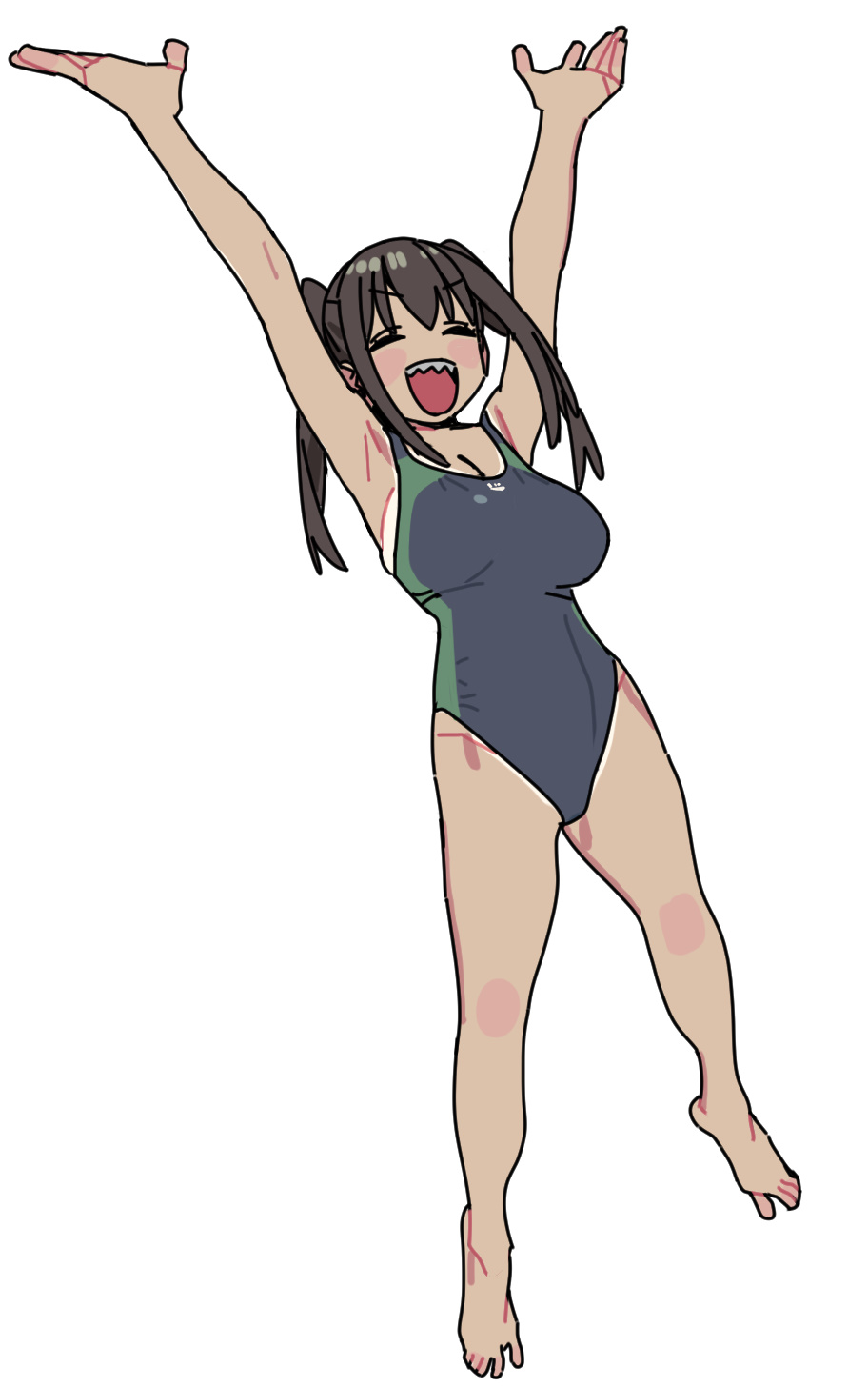 1girl armpit_crease breasts brown_hair highres honma_kuroe imamura_ryou large_breasts one-piece_swimsuit seitokai_ni_mo_ana_wa_aru! sharp_teeth swimsuit teeth twintails white_background
