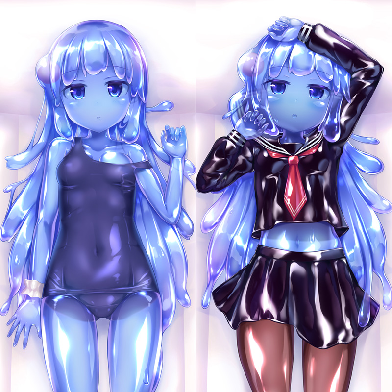 1girl :o arm_up bad_id bad_pixiv_id blue_eyes blue_hair blue_one-piece_swimsuit blue_skin breasts colored_skin core covered_navel cowboy_shot dakimakura_(medium) gluteal_fold latex latex_skirt latex_top long_hair looking_at_viewer lying medium_breasts monster_girl multiple_views naka_(cheeseyeast) necktie on_back one-piece_swimsuit open_mouth original pantyhose school_swimsuit school_uniform see-through_clothes see-through_body serafuku shiny_clothes shiny_skin slime_(substance) slime_girl swimsuit