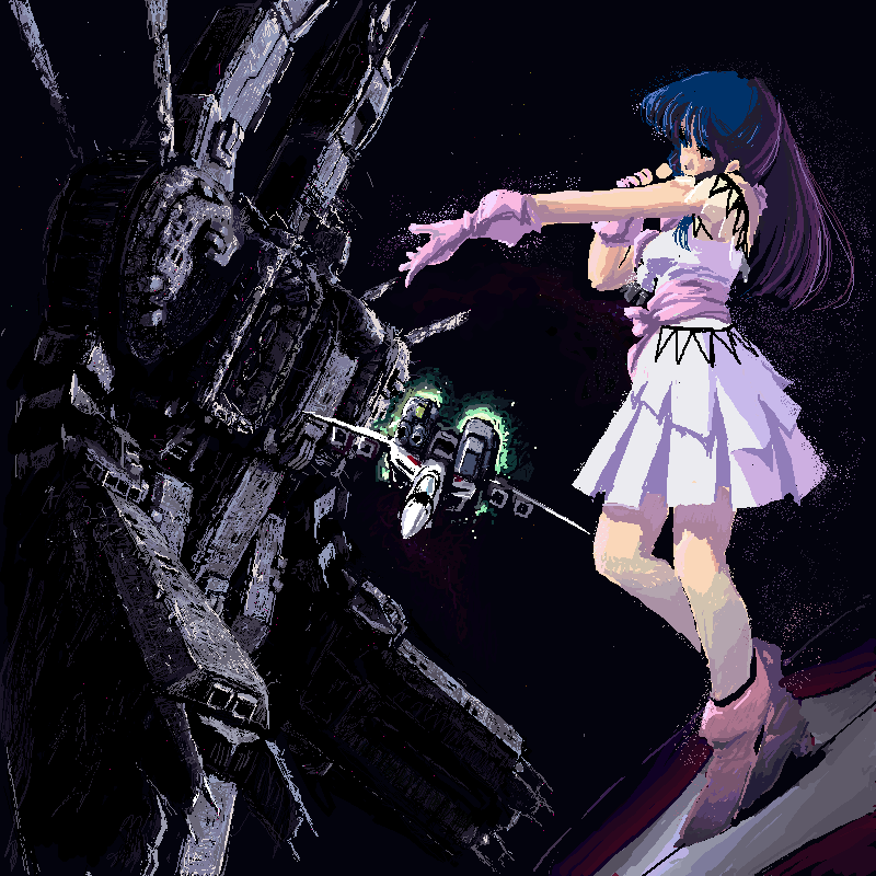 1girl armd black_hair boots choujikuu_yousai_macross dress dutch_angle energy_cannon gloves long_hair lynn_minmay machinery macross macross:_do_you_remember_love? mecha microphone music oekaki radio_antenna reaching reaching_towards_viewer realistic robot science_fiction sdf-1 singing sketch skirt songstress space spoilers storm_attacker thrusters u.n._spacy une variable_fighter vf-1 vf-1_strike