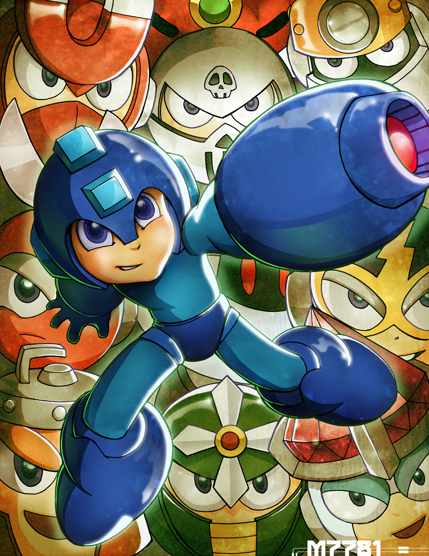 angry arm_cannon concrete_man cut_man elec_man frown galaxy_man grin gyro_man helmet jewel_man looking_at_viewer magma_man magnet_man mask mega_man_(character) mega_man_(classic) mega_man_(series) mega_man_3 mega_man_4 mega_man_5 mega_man_9 no_humans no_mouth non-humanoid_robot robot robot_ears rockman_(game) skull_man smile smug spark_man weapon