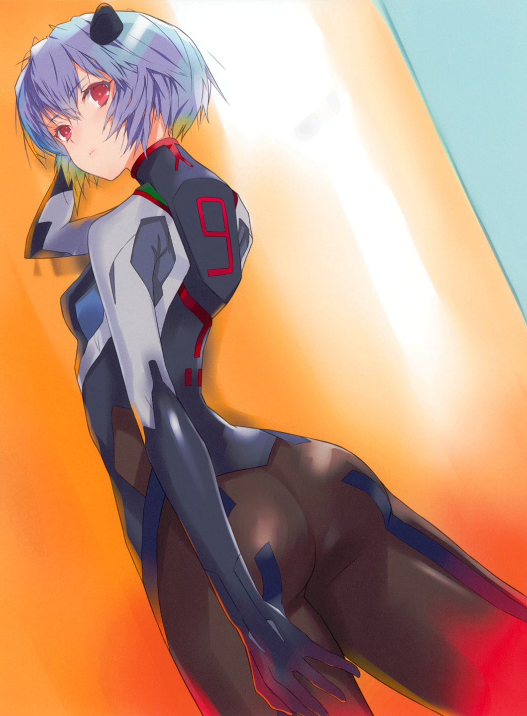 1girl ass ayanami_rei black_bodysuit blue_hair bodysuit dutch_angle female_focus fuyuno_haruaki highres interface_headset_(evangelion) looking_back mecha_pilot_suit neon_genesis_evangelion plugsuit_(evangelion) rebuild_of_evangelion red_eyes scan short_hair solo