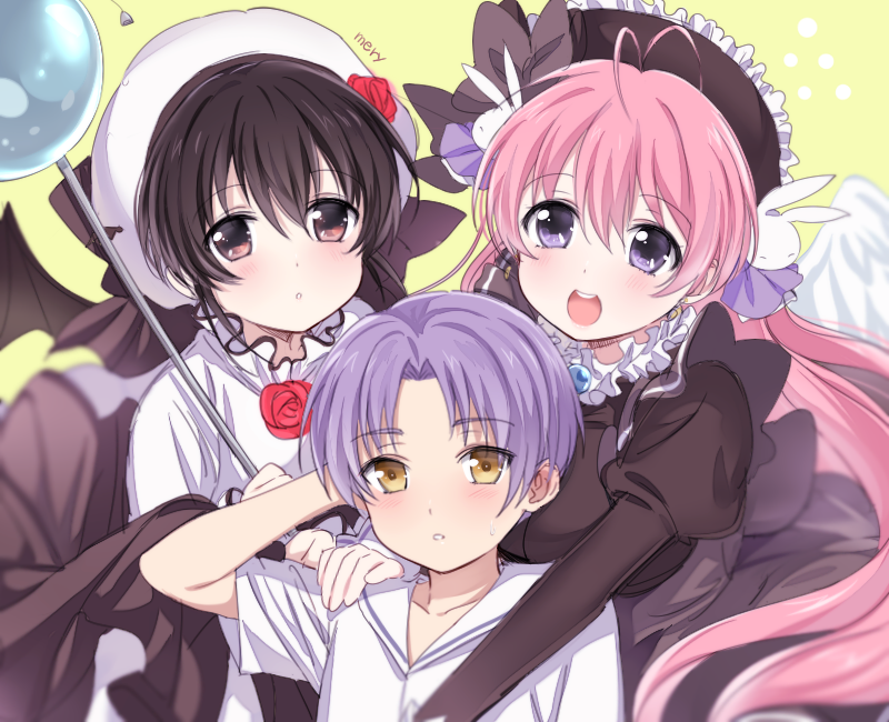 1boy 2girls bad_id bad_pixiv_id beret black_hair rabbit_hair_ornament hair_ornament hat higuchi_kotarou mery_(yangmalgage) misha misha_(pita_ten) multiple_girls pink_hair pita_ten purple_eyes purple_hair shia_(pita_ten) wings yellow_eyes