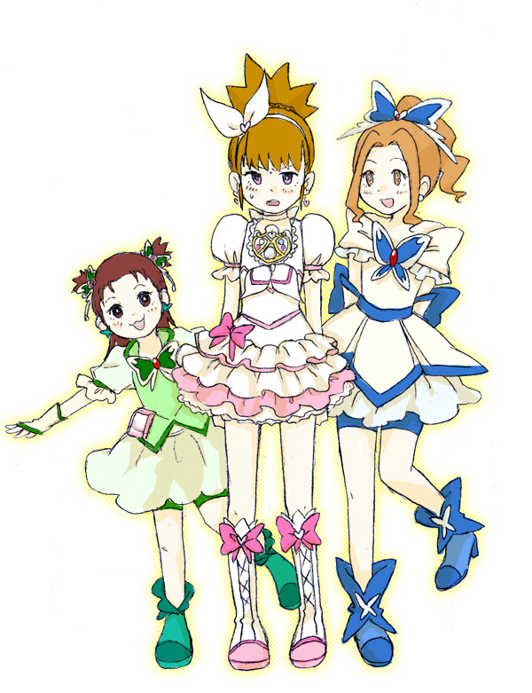 3girls akimoto_komachi cosplay cure_aqua cure_aqua_(cosplay) cure_mint cure_mint_(cosplay) cure_rhythm cure_rhythm_(cosplay) digimon lee_shaochung magical_girl makino_ruki minamino_kanade minazuki_karen multiple_girls precure simple_background suite_precure tachikawa_mimi white_background yes!_precure_5