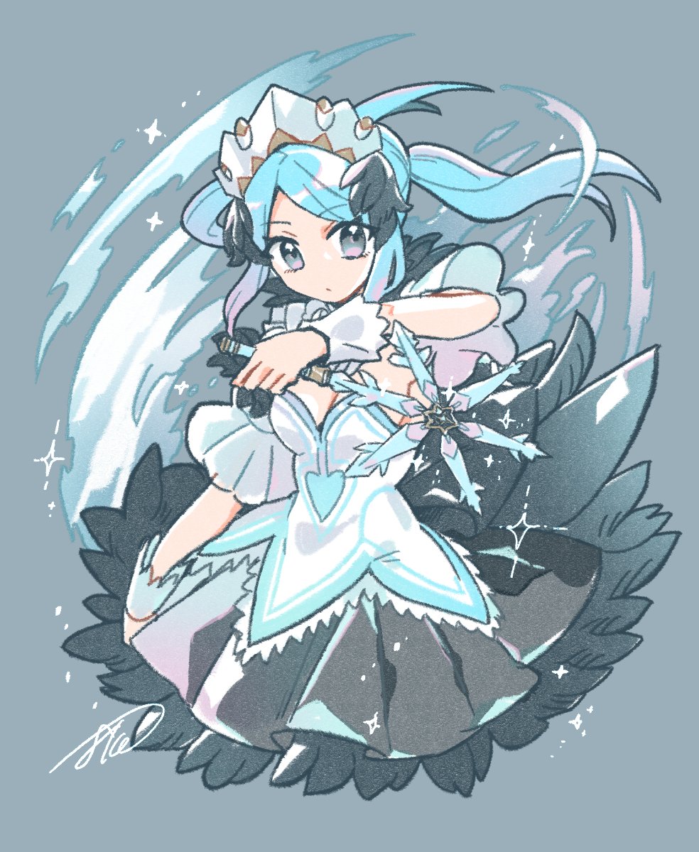 1girl batoson54 black_feathers breasts cleavage dress feather_trim feathers fire_emblem fire_emblem_fates fire_emblem_heroes flora_(fire_emblem) flora_(ice)_(fire_emblem) frost highres looking_at_viewer medium_breasts nintendo official_alternate_costume solo white_dress