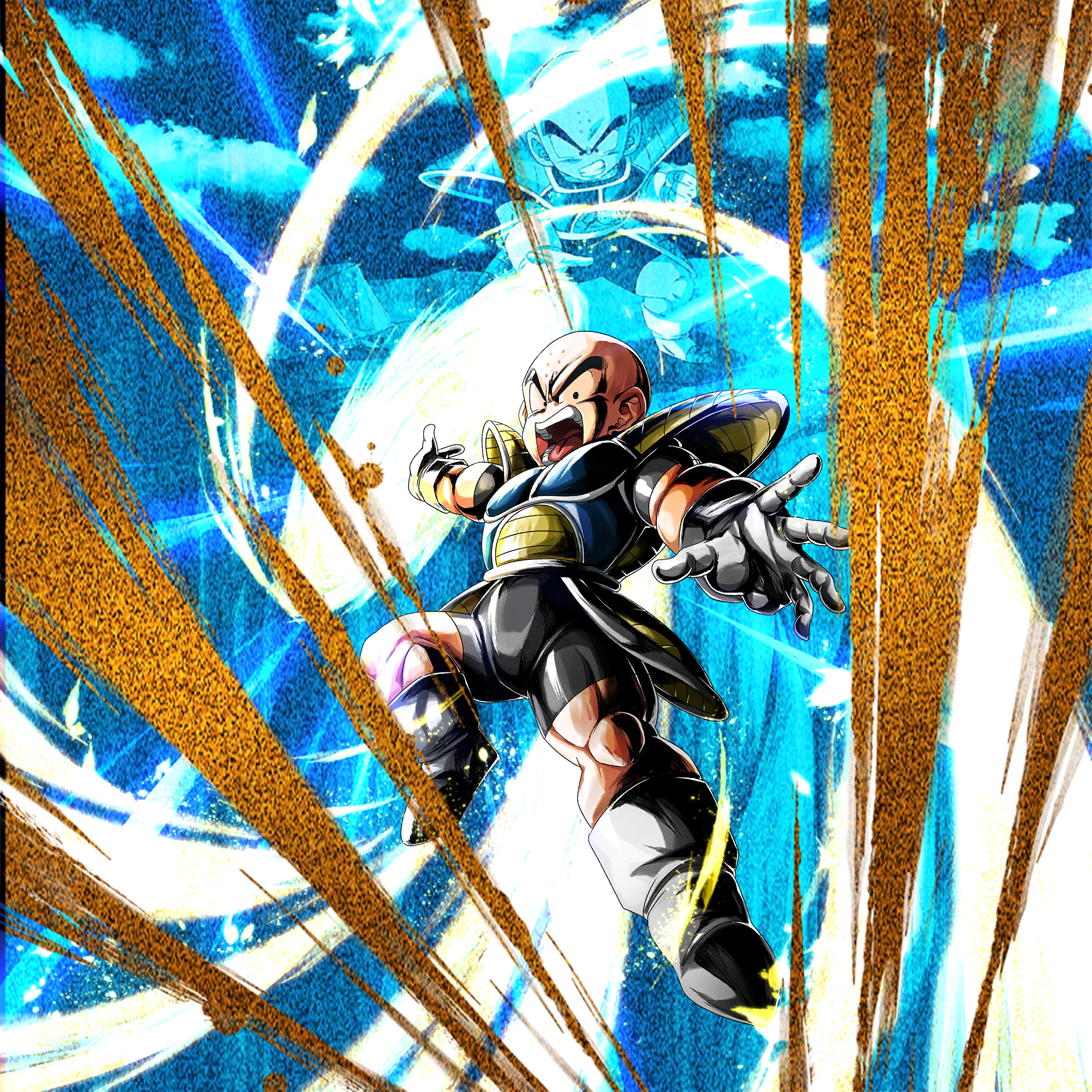 1boy bald bald_male black_eyes dragon_ball highres kienzan kuririn looking_at_viewer muscular muscular_male official_art saiyan_armor serious solo