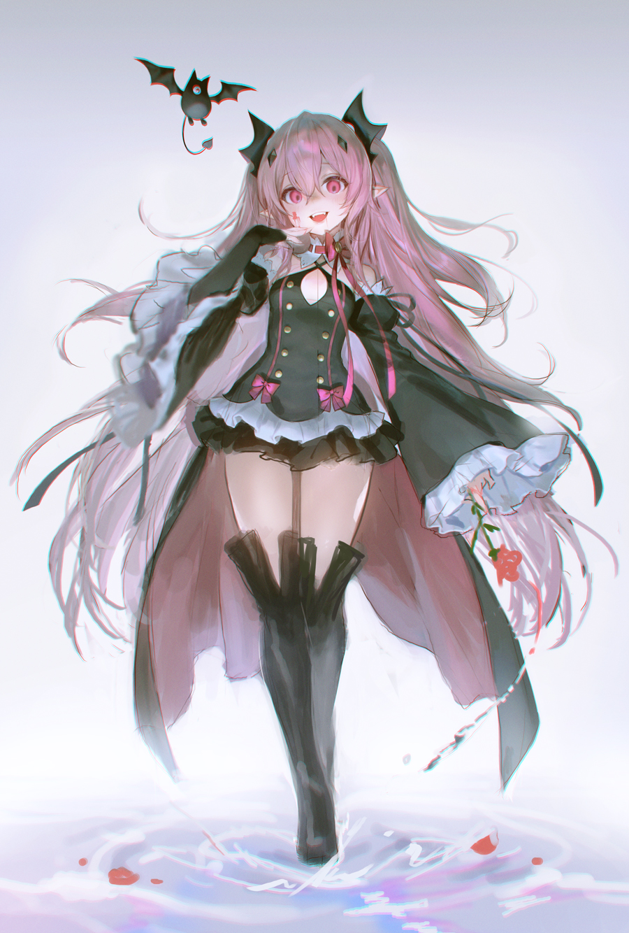 1girl adelie_cat bare_shoulders bat_(animal) black_boots black_dress black_gloves blood blood_on_face boots bow breasts cleavage_cutout clothing_cutout commentary detached_sleeves dithering dress elbow_gloves fangs fingerless_gloves flower gloves hair_ornament highres holding holding_flower krul_tepes long_hair long_sleeves one-eyed owari_no_seraph petals petals_on_liquid petite pink_hair pointy_ears red_bow red_eyes rose rose_petals small_breasts solo splashing thigh_boots twintails vampire very_long_hair walking walking_on_liquid waves wide_hips wide_sleeves
