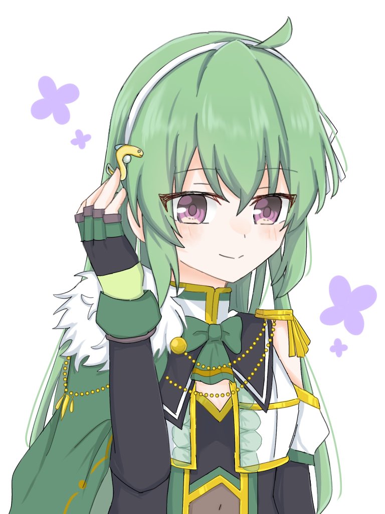 1girl ahoge arm_at_side assault_lily black_gloves black_shirt blush bow bowtie cape closed_mouth commentary cropped_jacket detached_sleeves elbow_gloves epaulettes fingerless_gloves flower_symbol fur-trimmed_cape fur_trim gloves green_bow green_bowtie green_cape green_gloves green_hair hair_between_eyes hair_ornament hair_ribbon hand_up jacket long_hair looking_ahead navel official_alternate_costume puffy_detached_sleeves puffy_sleeves purple_eyes ribbon sana_(hs_yp1) see-through_clothes shirt short_sleeves side_cape simple_background snake_hair_ornament solo tanaka_ichi two-tone_gloves upper_body white_background white_jacket white_ribbon