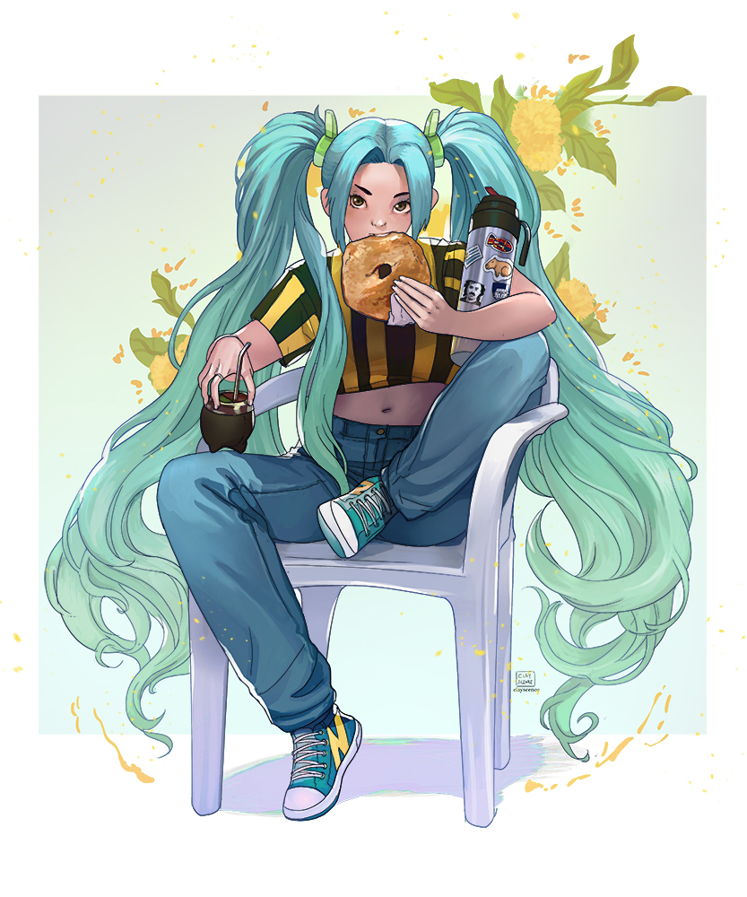 1girl aqua_hair aqua_shoes artist_name brown_eyes chair clayscence commentary crop_top denim eating english_commentary flower food hatsune_miku holding holding_food holding_mate holding_thermos jaime_roos jeans jewelry leaf long_hair mate midriff navel pants real_life ring shirt shoes sidelocks sitting solo striped_clothes striped_shirt thermos twintails uruguay uruguayan_flag uruguayan_miku vertical-striped_clothes vertical-striped_shirt very_long_hair vocaloid watermark worldwide_miku yellow_flower