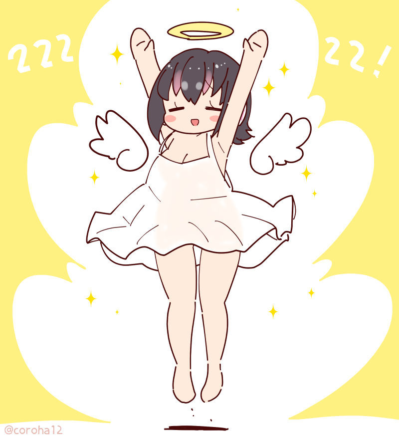 1girl angel angel_wings armpits arms_up barefoot black_hair camisole closed_eyes coroha full_body halo humboldt_penguin_(kemono_friends) jumping kemono_friends kemono_friends_v_project multicolored_hair penguin_girl purple_hair short_hair simple_background solo traditional_halo two-tone_hair virtual_youtuber white_camisole wings yellow_background