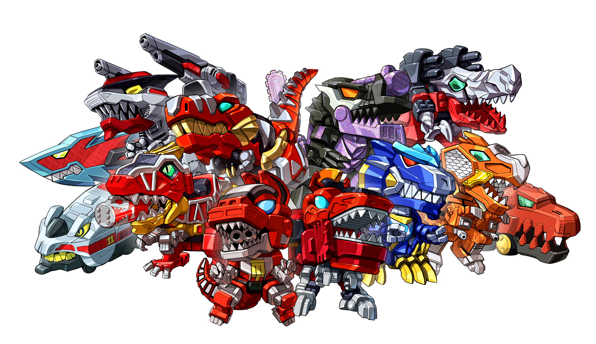 animification aqua_eyes bakuryuu_sentai_abaranger bakuryuu_tyrannosaurus copyright_request engine_sentai_go-onger green_eyes highres kaizoku_sentai_gokaiger kikai_sentai_zenkaiger kishiryu_sentai_ryusoulger korean_commentary kyouryuu_sentai_zyuranger mashin_sentai_kiramager mecha mecha_request mirai_sentai_timeranger no_humans open_hands open_mouth robot samurai_sentai_shinkenger science_fiction sharp_teeth shoulder_cannon shuriken_sentai_ninninger super_sentai taedu teeth tensou_sentai_goseiger tokusatsu trait_connection tyramigo white_background yellow_eyes zyuden_sentai_kyoryuger