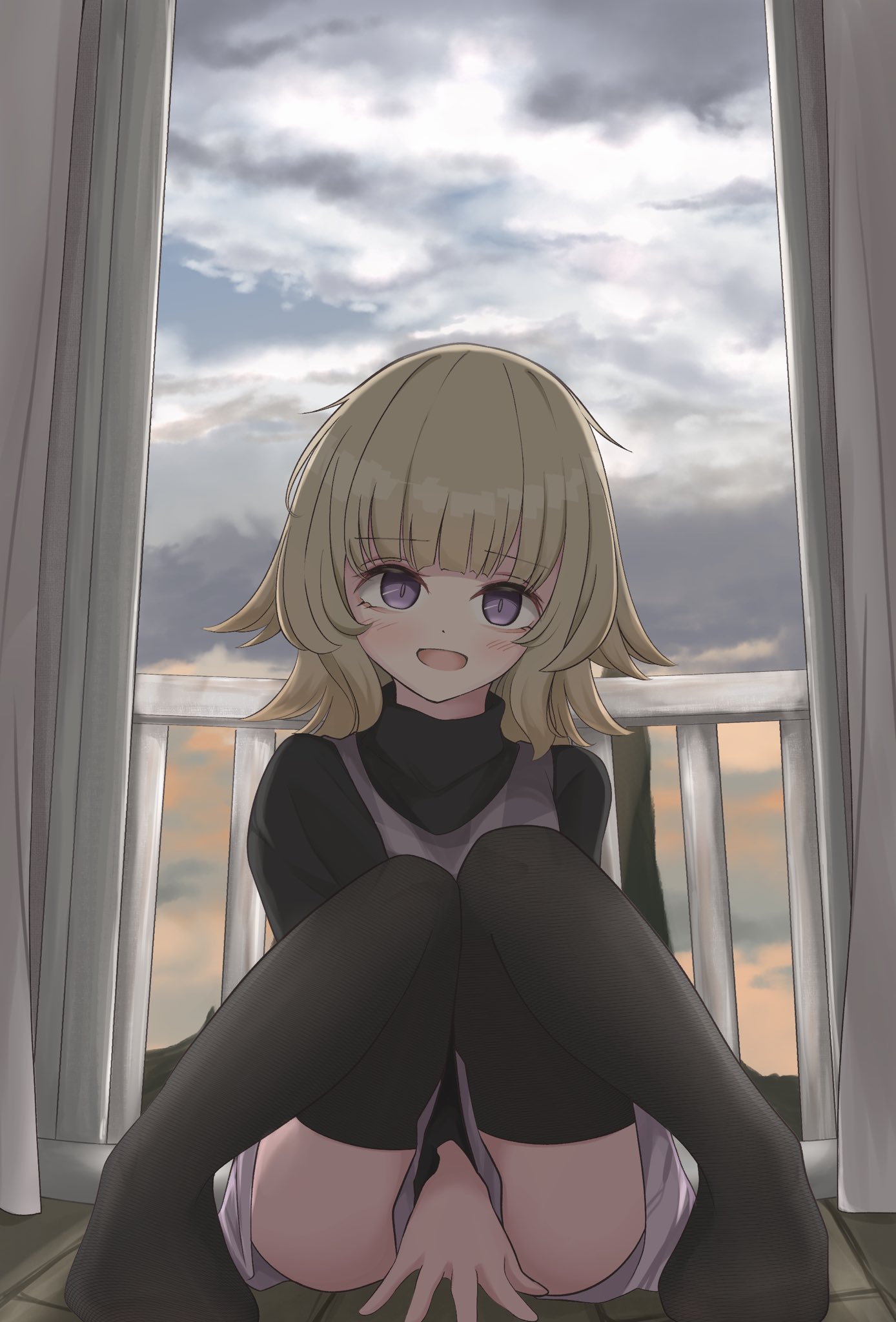 balcony between_legs black_sweater black_thighhighs blonde_hair blunt_bangs cloud cloudy_sky covering_privates grey_sweater_vest grey_vest hair_flaps hand_between_legs highres knees_together_feet_apart looking_at_viewer medium_hair mitarashi_dayo no_shoes open_mouth plaid_clothes plaid_vest purple_eyes sitting skirt sky smile sweater sweater_vest thighhighs turtleneck turtleneck_sweater urotsuki vest white_skirt yume_2kki