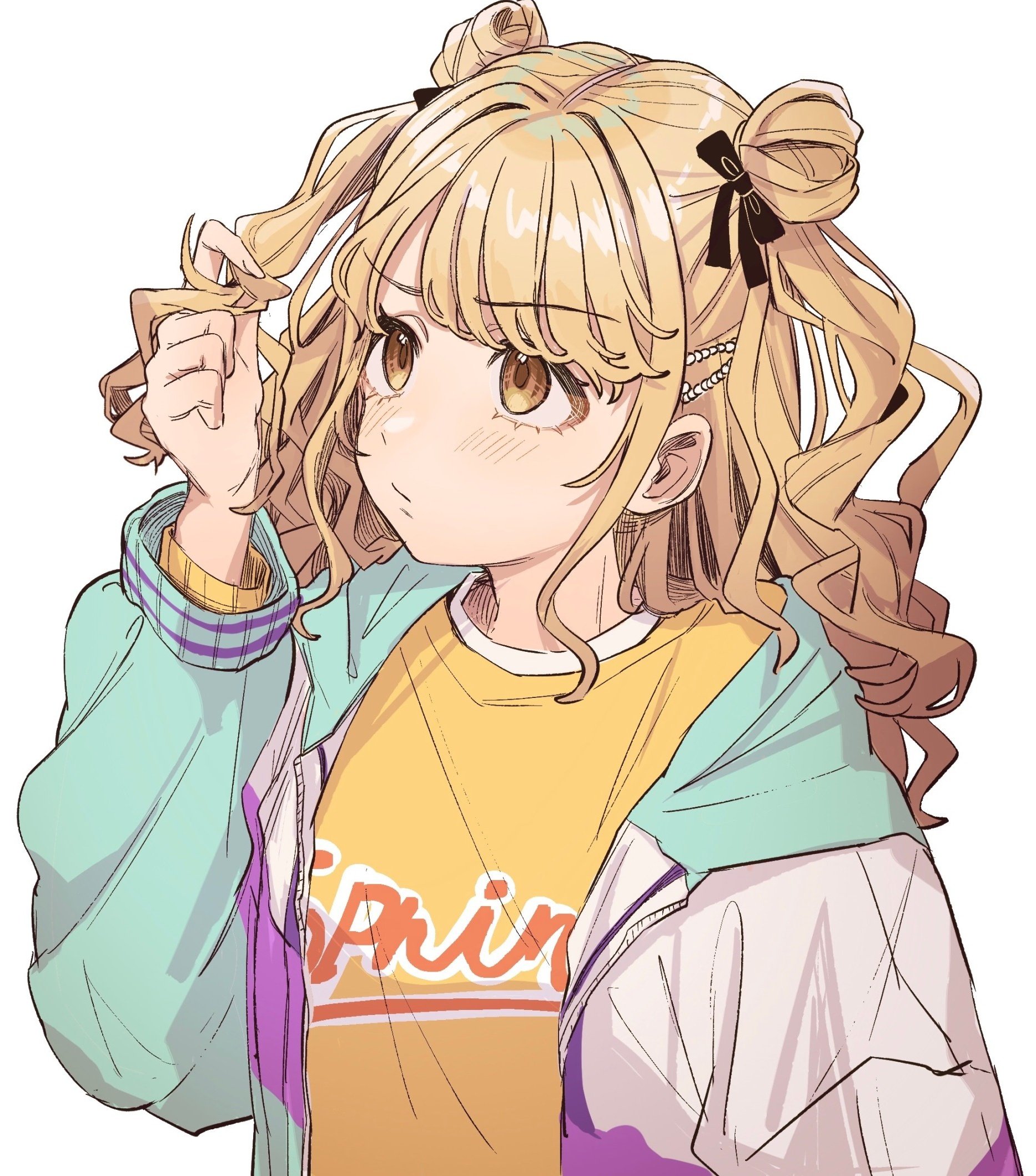 1girl alternate_hairstyle blush borrowed_hairstyle double_bun fujita_kotone gakuen_idolmaster hair_bun hair_ribbon hanami_saki highres holding holding_own_hair idolmaster jacket long_hair long_sleeves looking_up multicolored_jacket open_clothes open_jacket ribbon shirt simple_background solo tanupon two_side_up upper_body white_background yellow_shirt