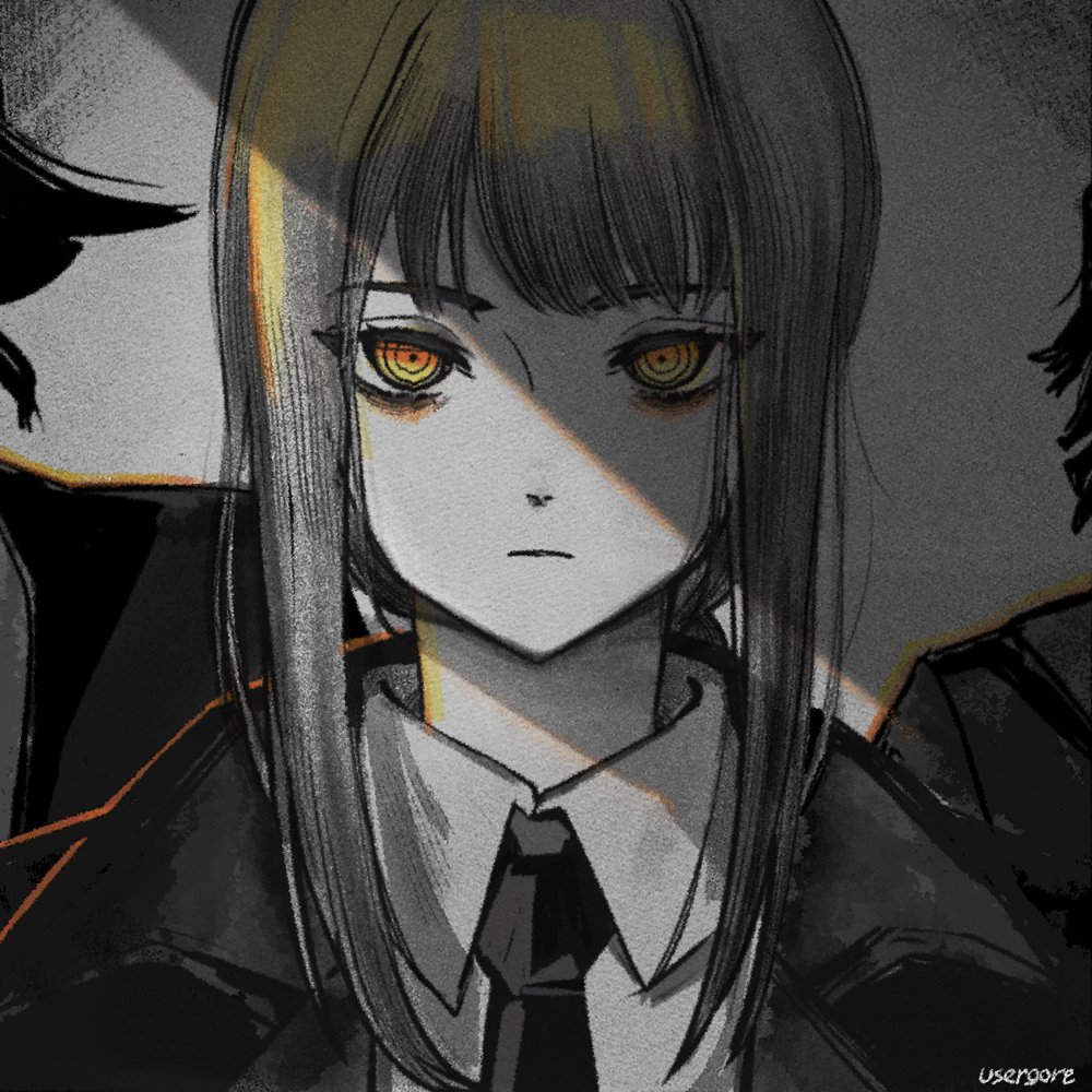 1girl 2others artist_name black_necktie blunt_bangs chainsaw_man closed_mouth collared_shirt expressionless grey_background jacket long_hair long_sleeves looking_at_viewer makima_(chainsaw_man) monochrome multiple_others necktie original portrait ringed_eyes shirt signature simple_background sketch solo upper_body usergore white_shirt yellow_eyes