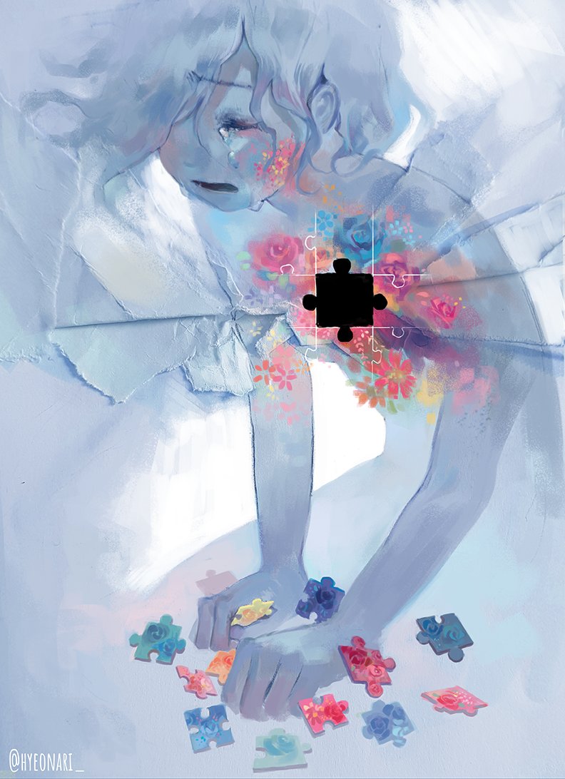 androgynous arm_support blue_hair blue_skin clenched_hands colored_skin commentary_request completely_nude crying closed_eyes facial_mark flower gender_request hair_over_one_eye holding hyeonari korean_commentary nude one_eye_covered open_mouth original puzzle_piece rose short_hair sobbing solo spot_color surreal tears