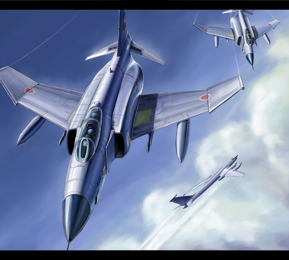 4boys aircraft airplane black_border bomber border cloud cloudy_sky f-4_phantom_ii fighter_jet flying japan_air_self-defense_force japan_self-defense_force kcme looking_at_object military military_vehicle multiple_boys original pilot sky soviet_air_force tu-95 vehicle_focus
