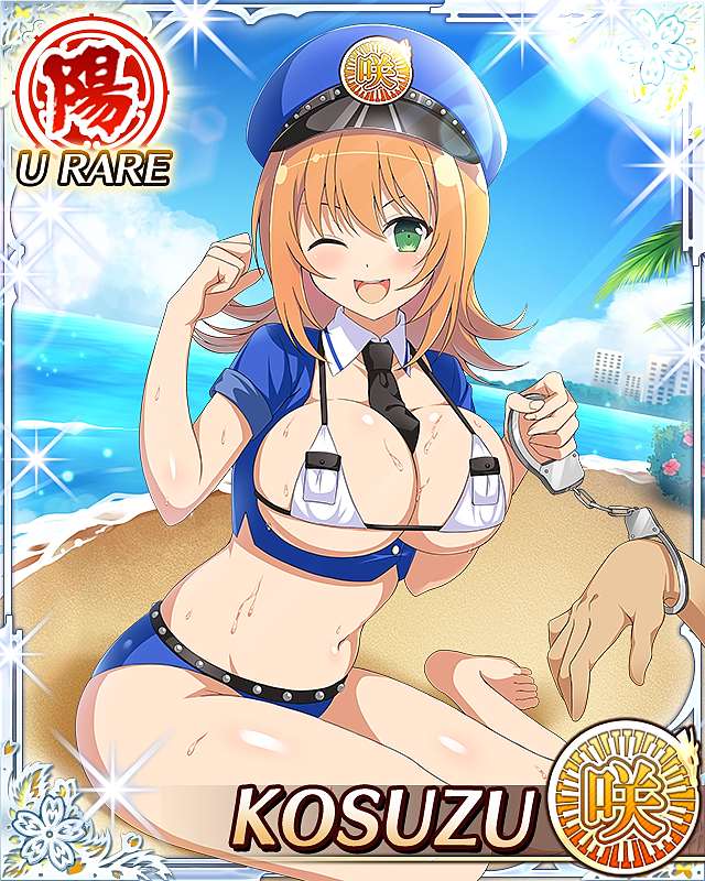 1girl 1other :d ahoge arm_up barefoot beach between_breasts bikini black_necktie blush border breast_press breasts card_(medium) character_name cleavage cuffs day english_text game_cg green_eyes handcuffs holding holding_handcuffs kosuzu_(senran_kagura) large_breasts looking_at_viewer medium_hair navel necktie necktie_between_breasts ocean official_alternate_costume official_art one_eye_closed open_mouth orange_hair palm_tree police police_uniform policewoman pumpkin senran_kagura senran_kagura_new_wave sitting smile solo_focus sun sunlight swimsuit tree wariza wet