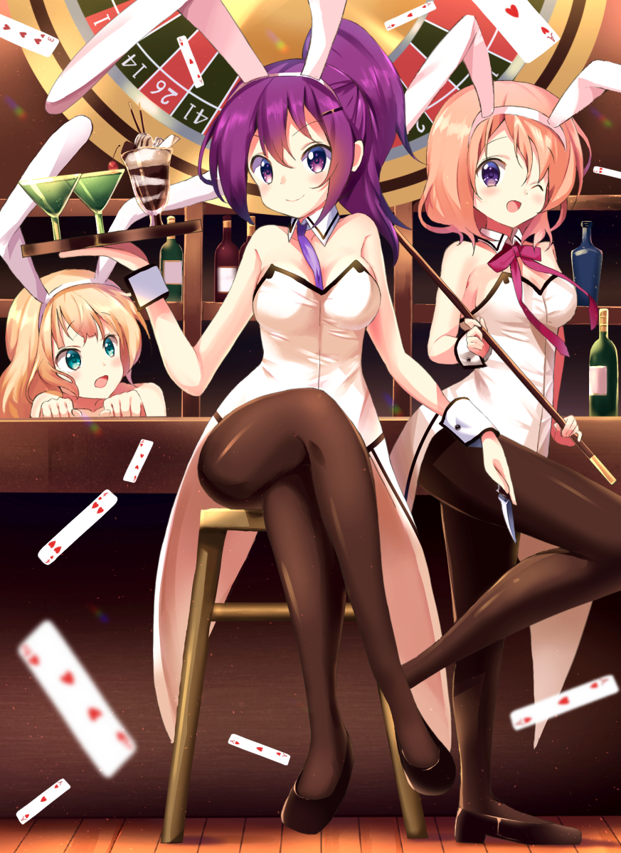3girls :d ;d animal_ears aqua_eyes black_footwear black_legwear blonde_hair blurry blurry_foreground breasts card cleavage closed_mouth collarbone crossed_legs detached_collar fake_animal_ears gochuumon_wa_usagi_desu_ka? hair_ornament hairband hairclip high_ponytail highres holding holding_plate hoto_cocoa kirima_syaro leotard light_brown_hair long_hair looking_at_viewer medium_breasts multiple_girls neck_ribbon necktie one_eye_closed open_mouth pantyhose plate playboy_bunny ponytail purple_eyes purple_hair purple_neckwear rabbit_ears red_ribbon ribbon rowdon shiny_clothes shiny_legwear sidelocks smile standing standing_on_one_leg strapless strapless_leotard tedeza_rize white_hairband wrist_cuffs