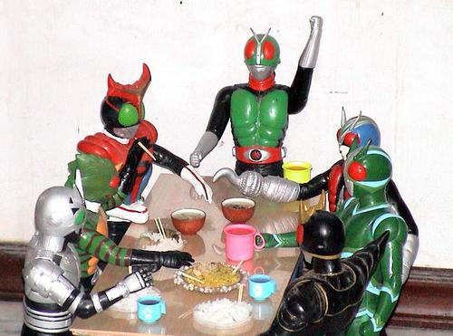 dinner food kamen_rider kamen_rider_1 kamen_rider_amazon kamen_rider_j kamen_rider_kuuga kamen_rider_stronger lowres riderman shadow_moon table